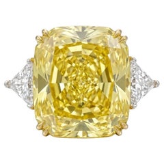 GIA Certified 15.31 Carat Fancy Intense Yellow Cushion Diamond Ring
