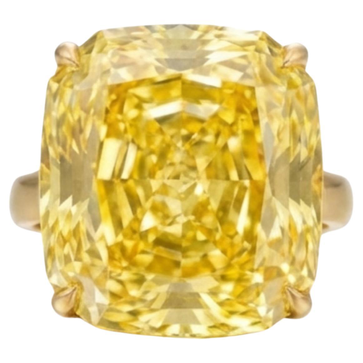 GIA Certified 15.31 Carat Fancy Intense Yellow Cushion Diamond Ring in 18K