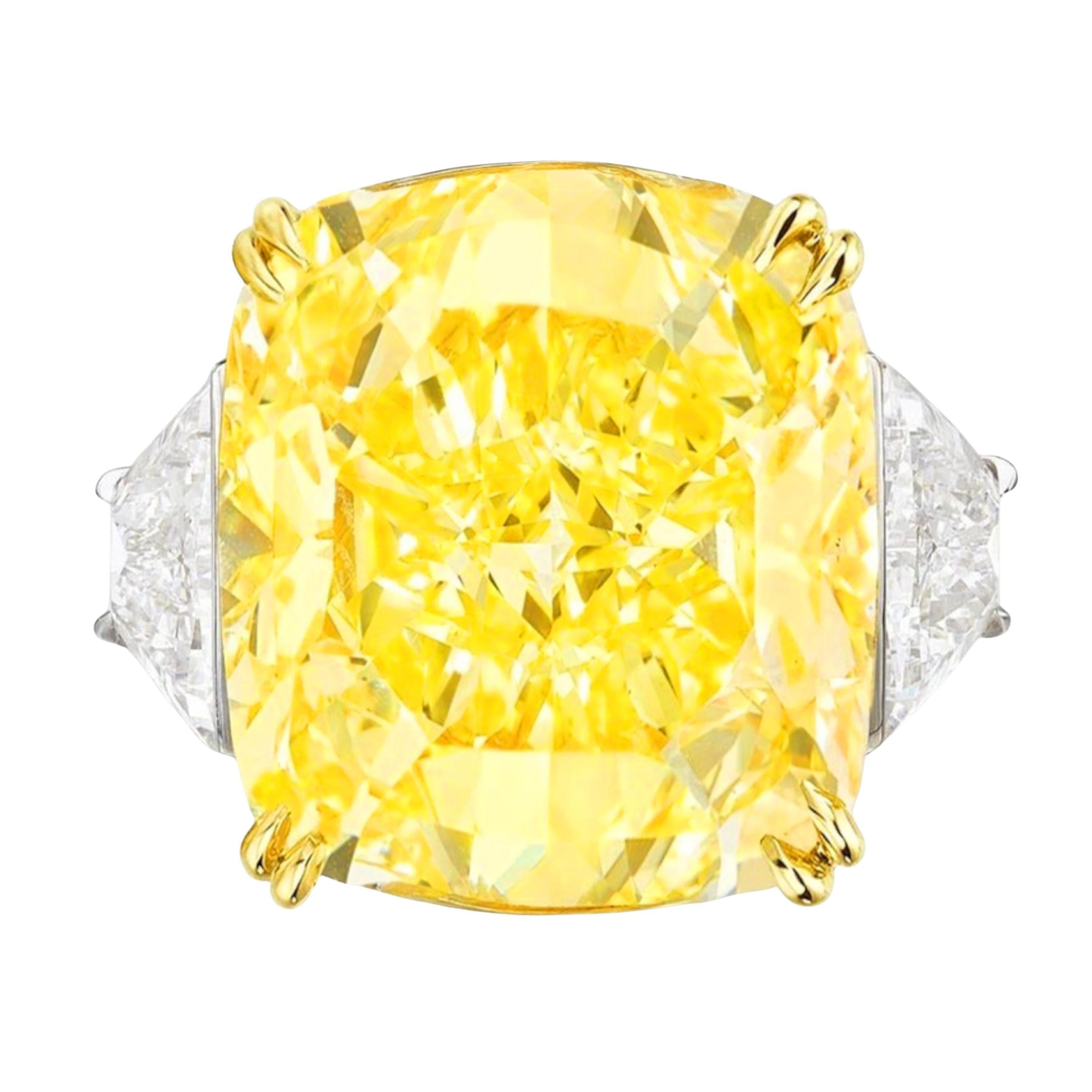 Cushion Cut GIA Certified 12 Ct. Fancy Yellow Diamond Engagement Platinum Ring For Sale