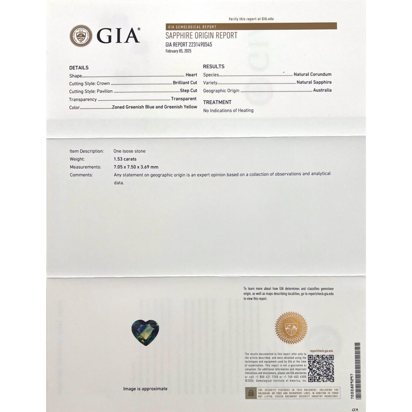 Taille cœur GIA Certified 1.53ct Bi Colour Australian Untreated Sapphire Yellow Blue Heart en vente