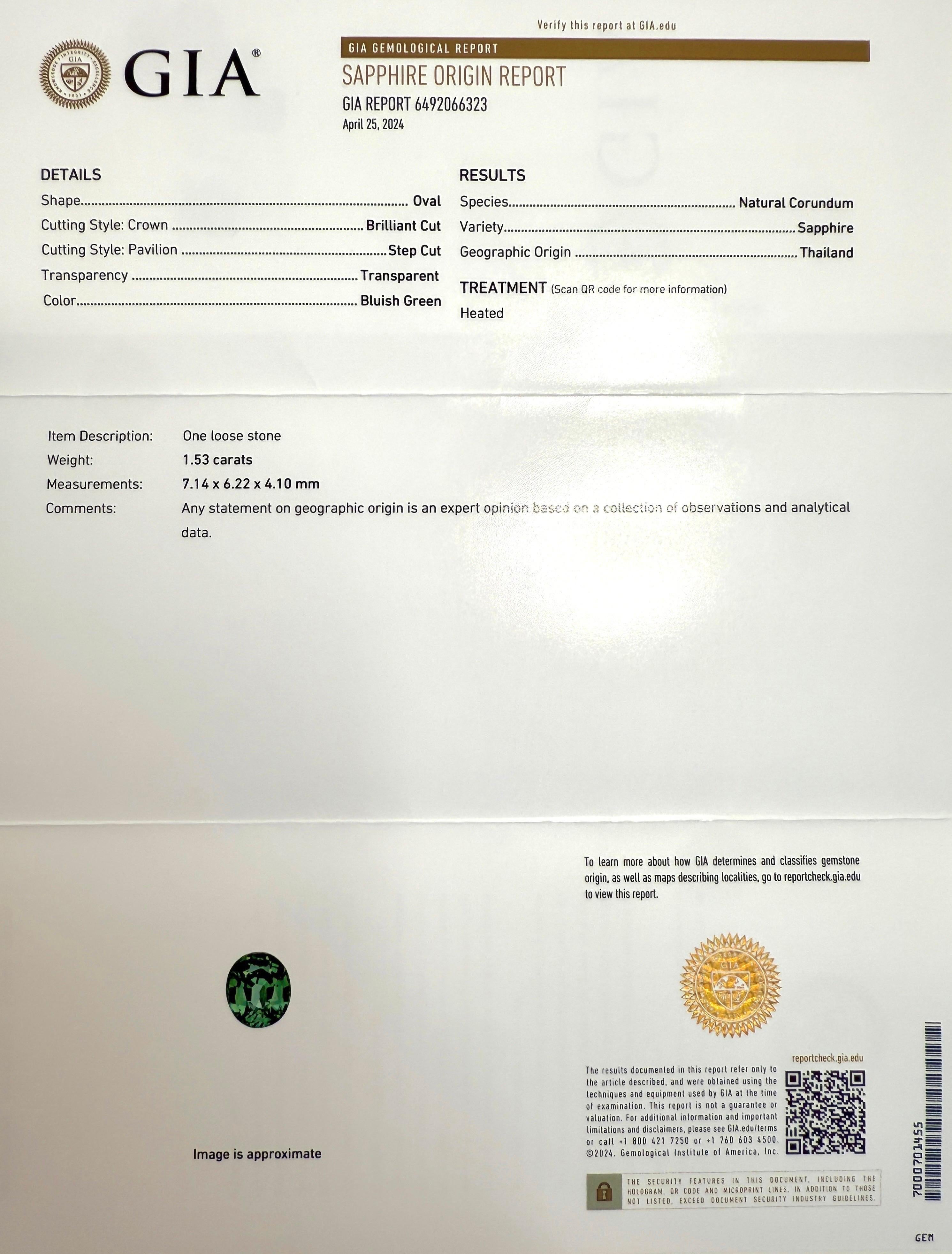 GIA Certified Oval Cut Thailand Sapphire 18k Yellow Gold Solitaire Bezel Ring.

1.53 Carat Thailand sapphire with a vivid green colour. The sapphire also has good clarity, very clean stone with only some small natural inclusions visible when looking
