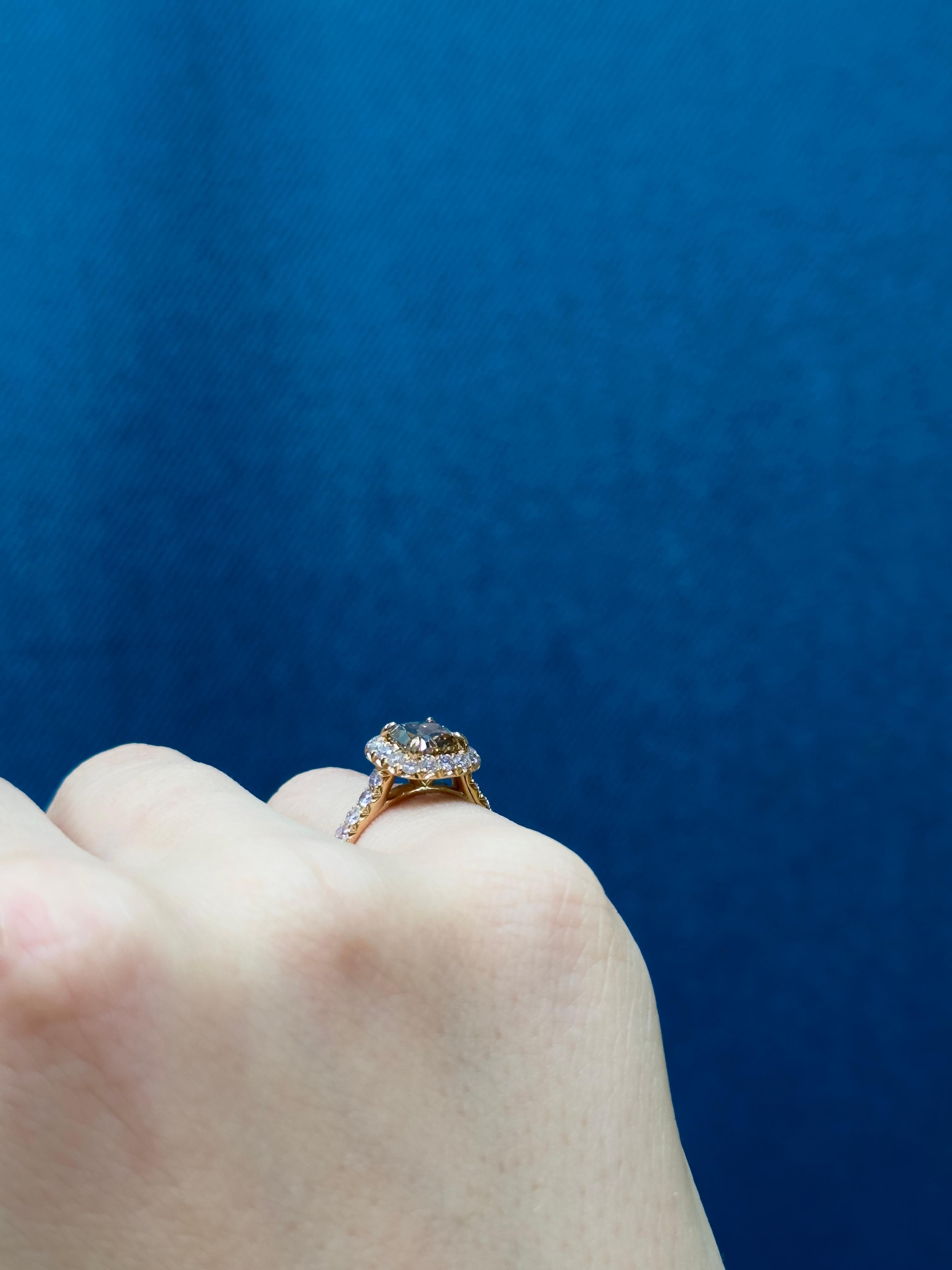 GIA Certified 1.54 Carat Fancy Yellow-Brown Cushion Cut Diamond Cocktail Ring For Sale 1