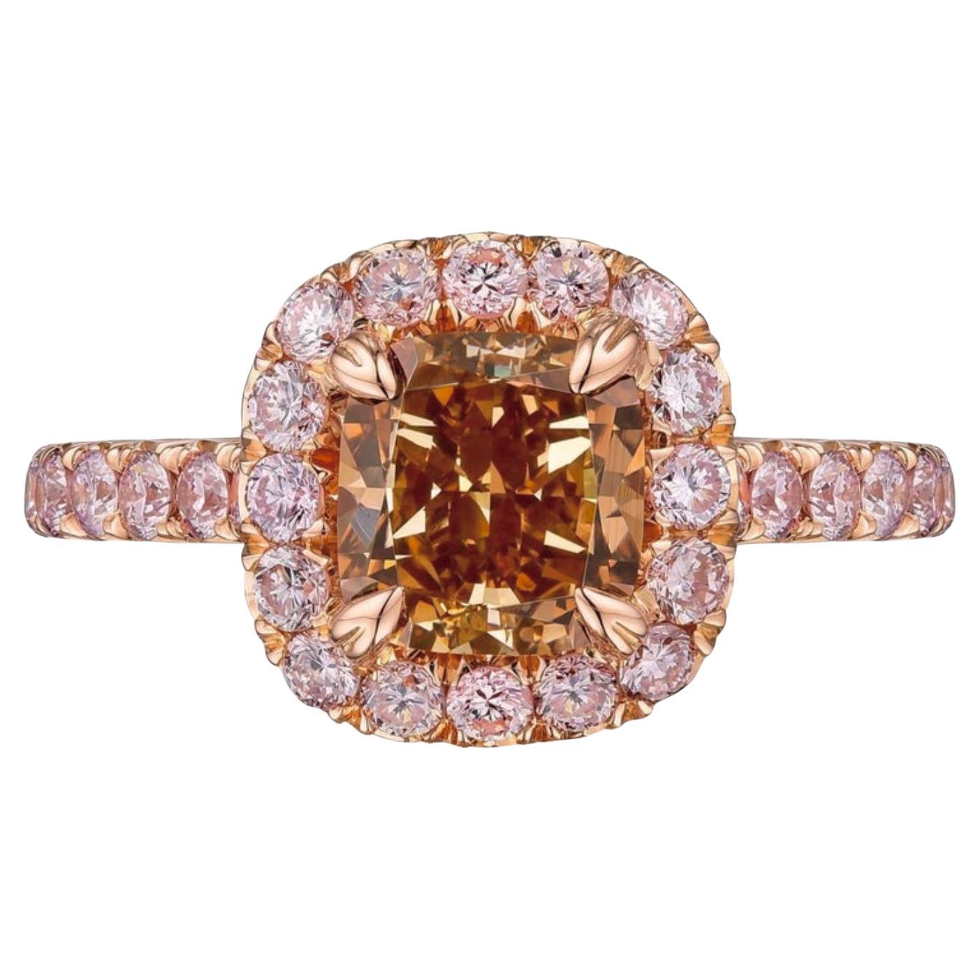 GIA Certified 1.54 Carat Fancy Yellow-Brown Cushion Cut Diamond Cocktail Ring