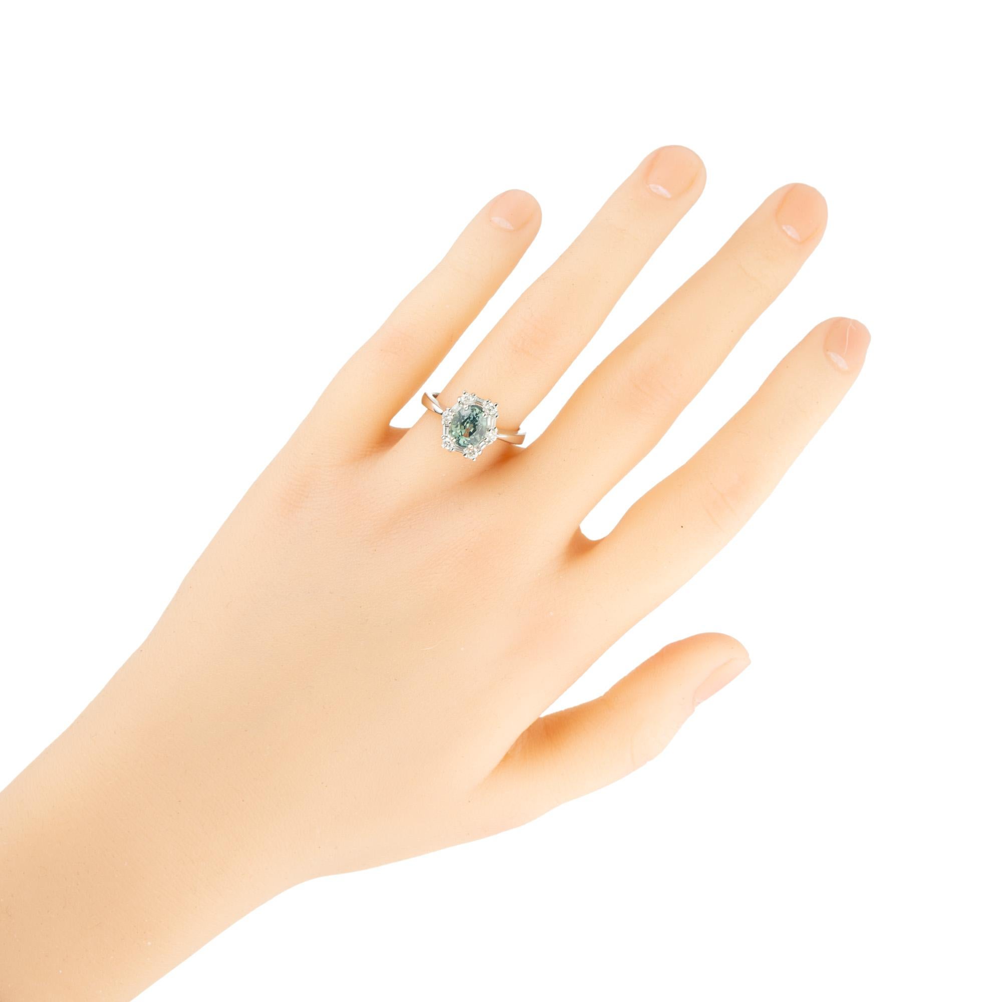 GIA Certified 1.54 Carat Natural Blue Green Sapphire Diamond Engagement Ring In Good Condition For Sale In Stamford, CT