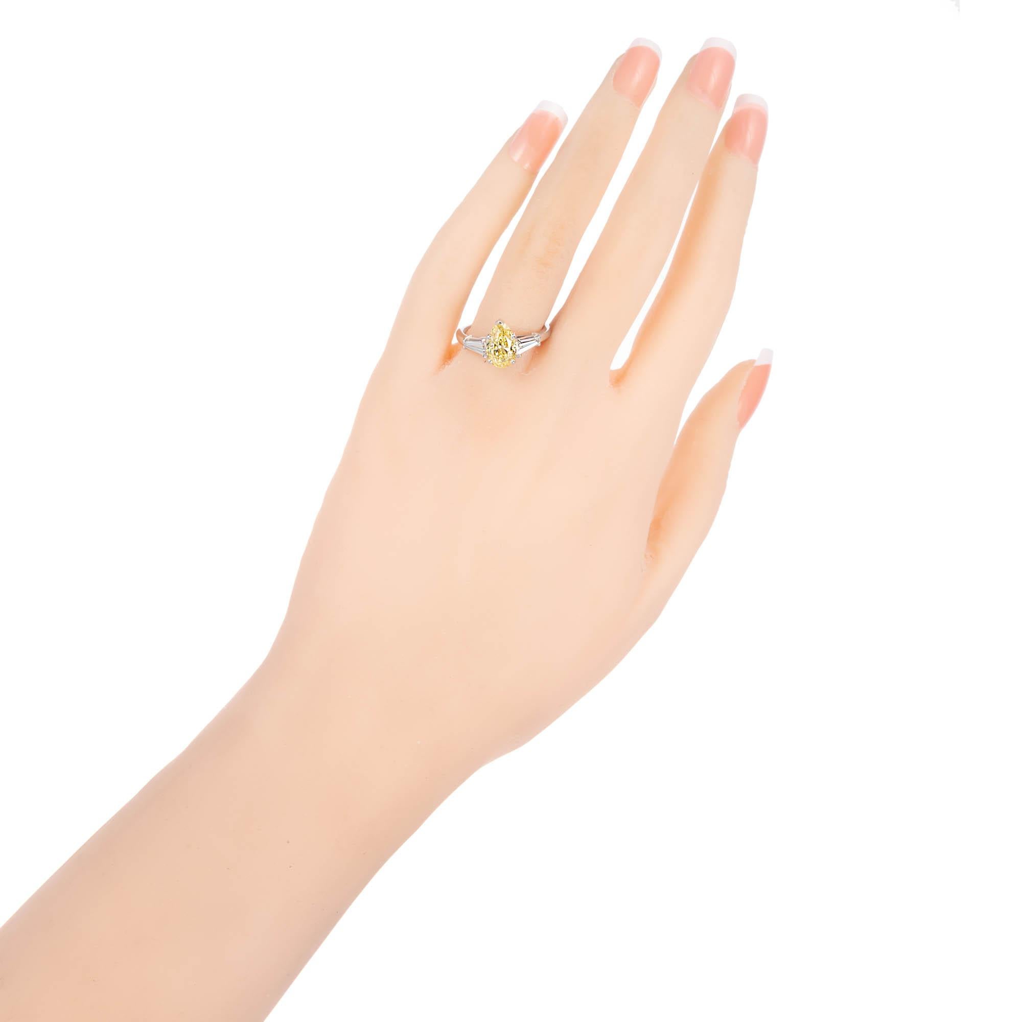 Pear Cut GIA Certified 1.54 Carat Pear Yellow Diamond Platinum Engagement Ring 
