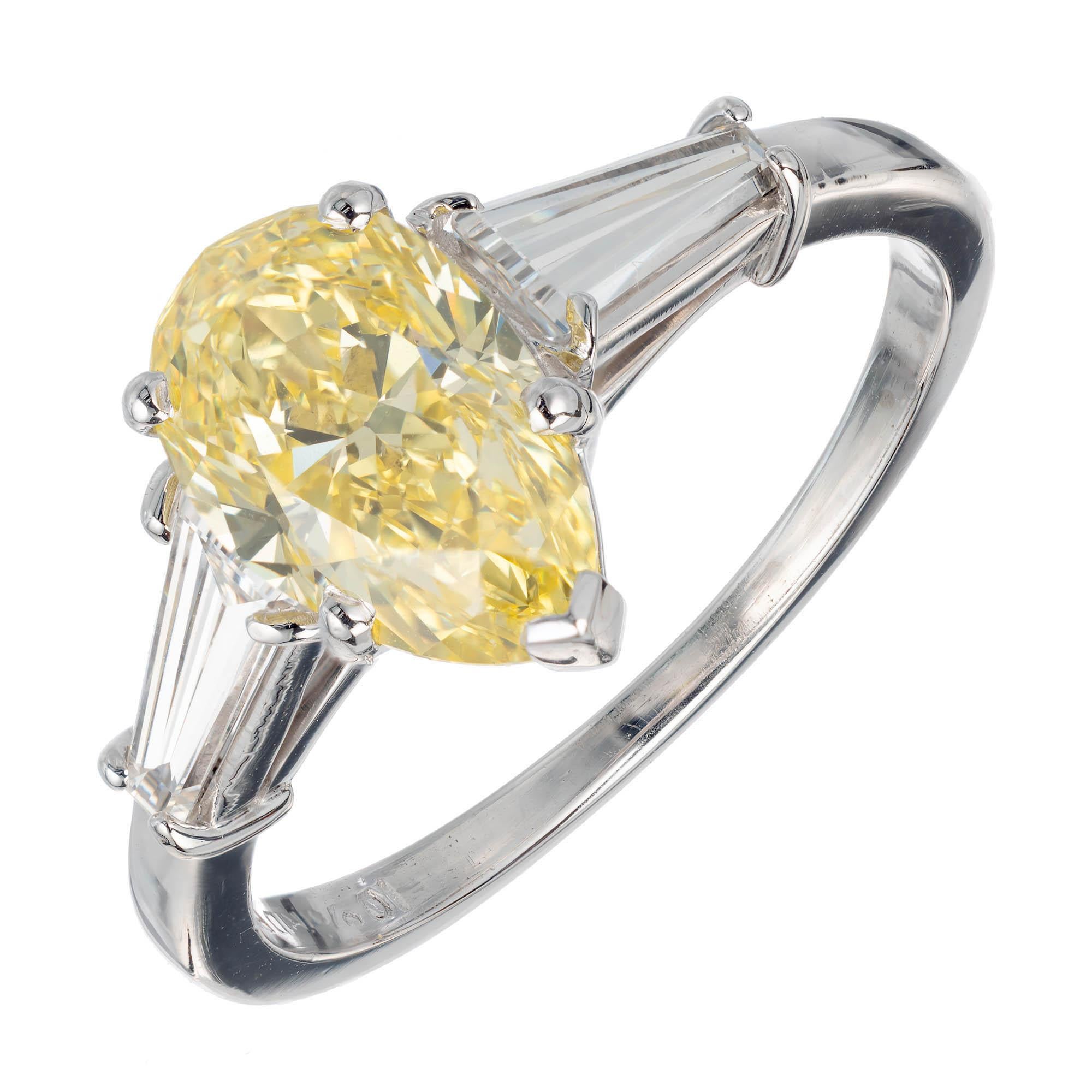 GIA Certified 1.54 Carat Pear Yellow Diamond Platinum Engagement Ring 