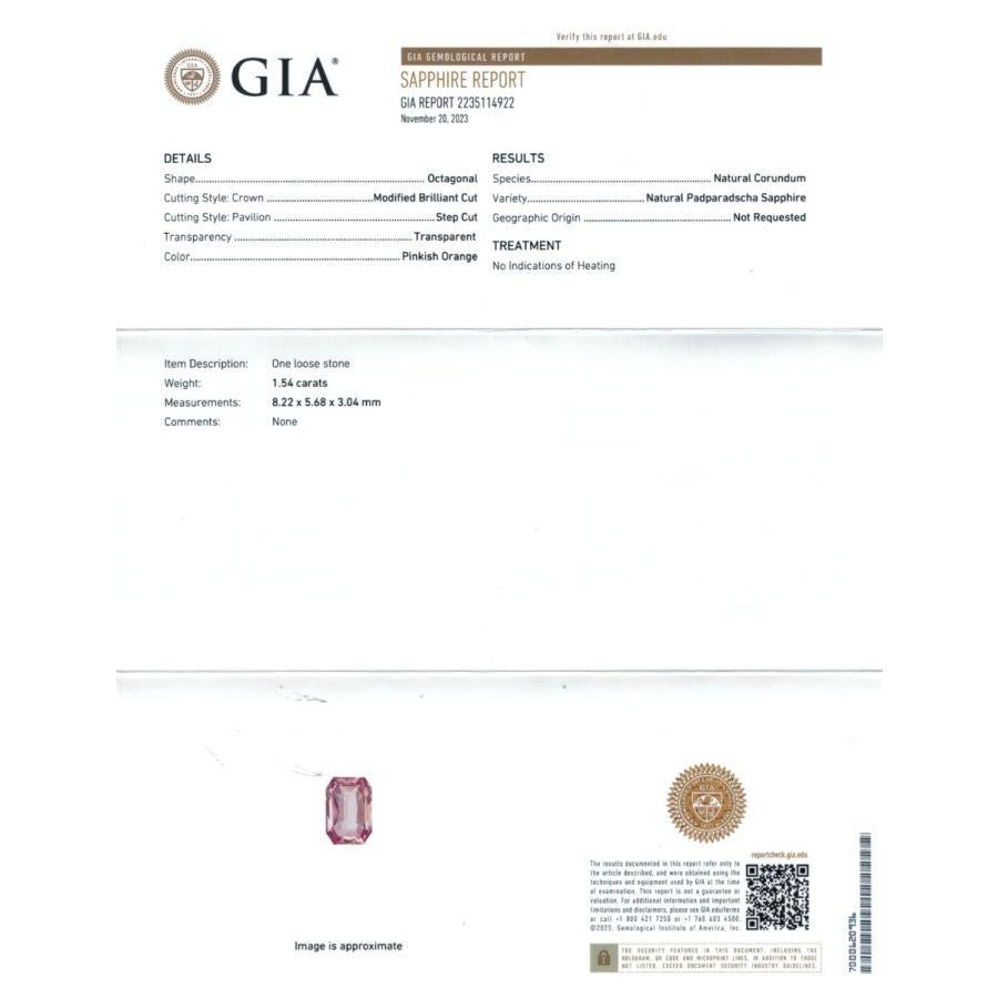 Experience the unique charm of a Natural Unheated Padparadscha Sapphire 1.54 carats with GIA Report , a delightful gem weighing 1.54 carats, accompanied by a GIA Report for authenticity. The octagonal-shaped beauty, measuring 8.22 x 5.68 x 3.04 mm,