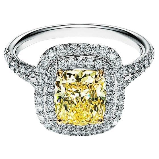 GIA Certified 1.54 cts Fancy Yellow Cushion Diamond Ring Halo Ring 18k WH Gold For Sale