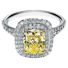 GIA Certified 1.54 cts Fancy Yellow Cushion Diamond Ring Halo Ring 18k WH Gold