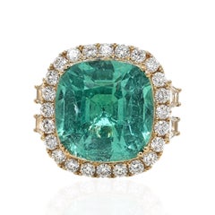 GIA Certified 15.41 Carat Paraiba Fancy and Round Diamond Yellow Gold Ring