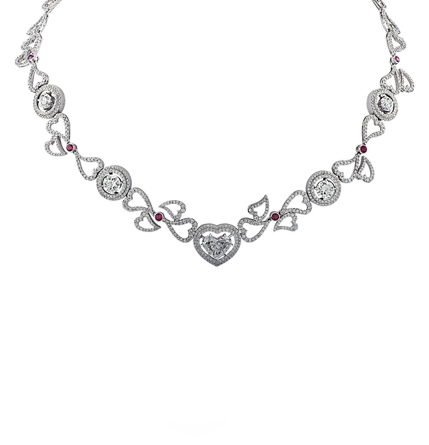 Modern GIA Certified 15.42 Carat Diamond Heart and Ruby Necklace