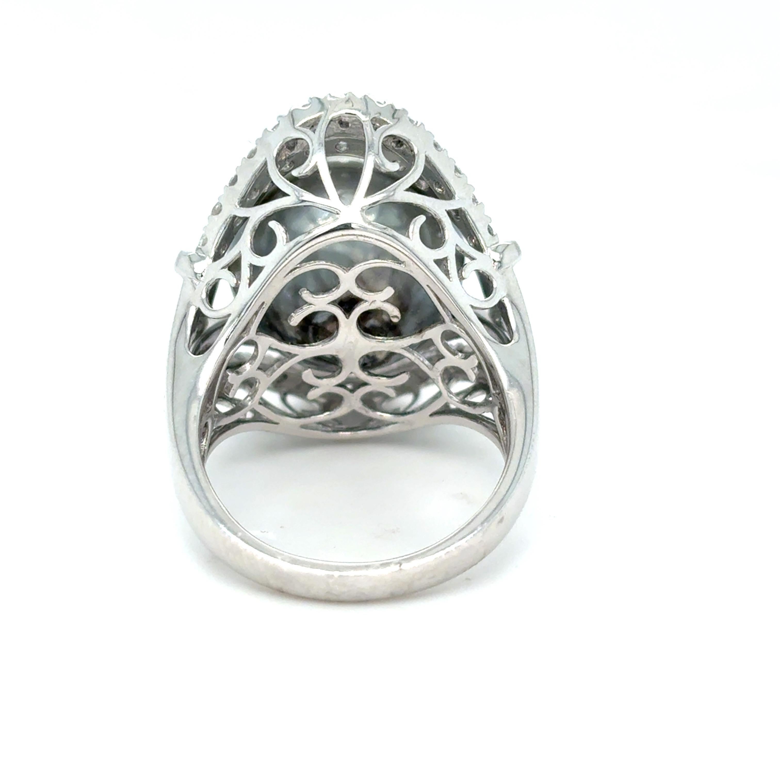GIA Certified 15.45mm Tahitian Pearl Diamond Cocktail Ring For Sale 4