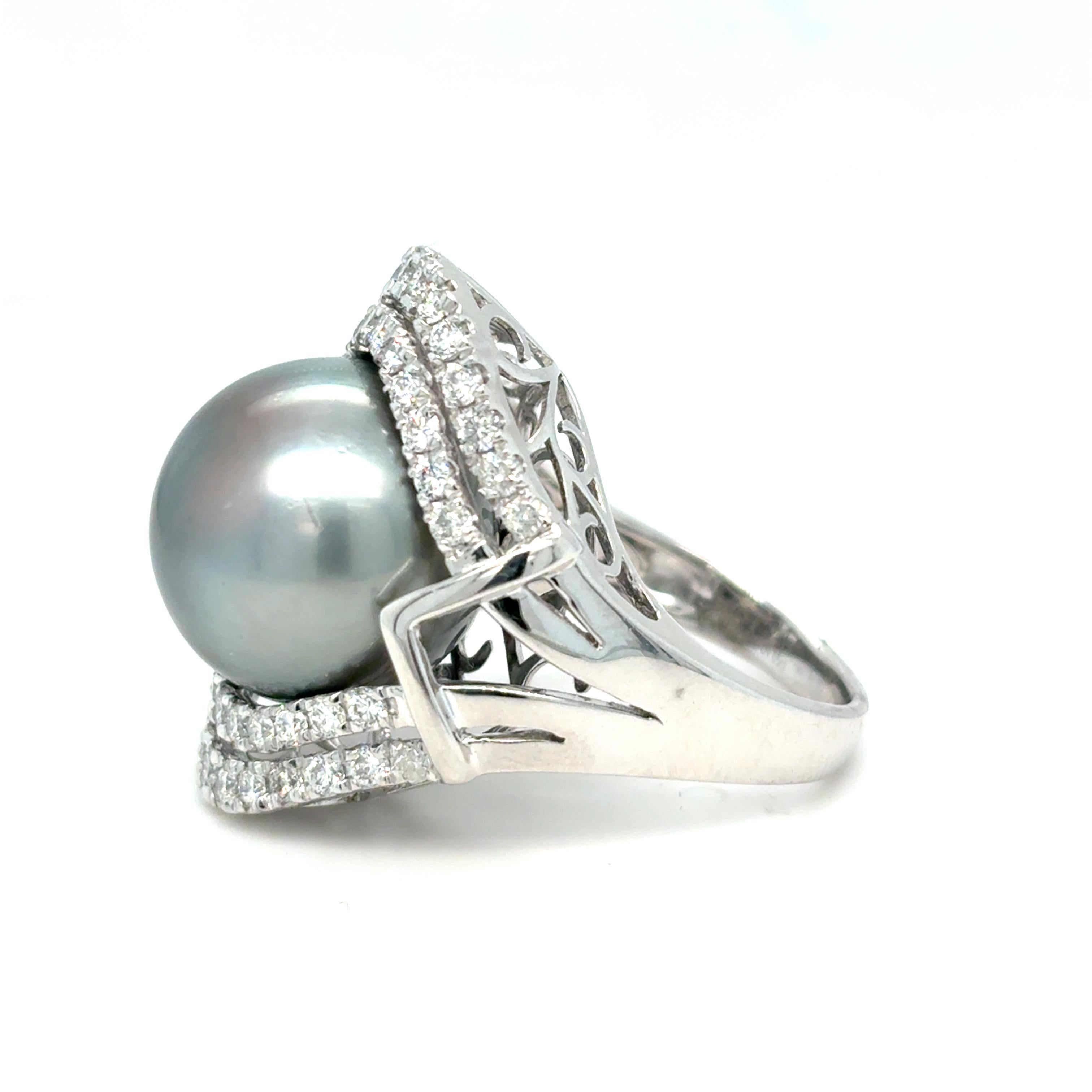 GIA Certified 15.45mm Tahitian Pearl Diamond Cocktail Ring For Sale 6