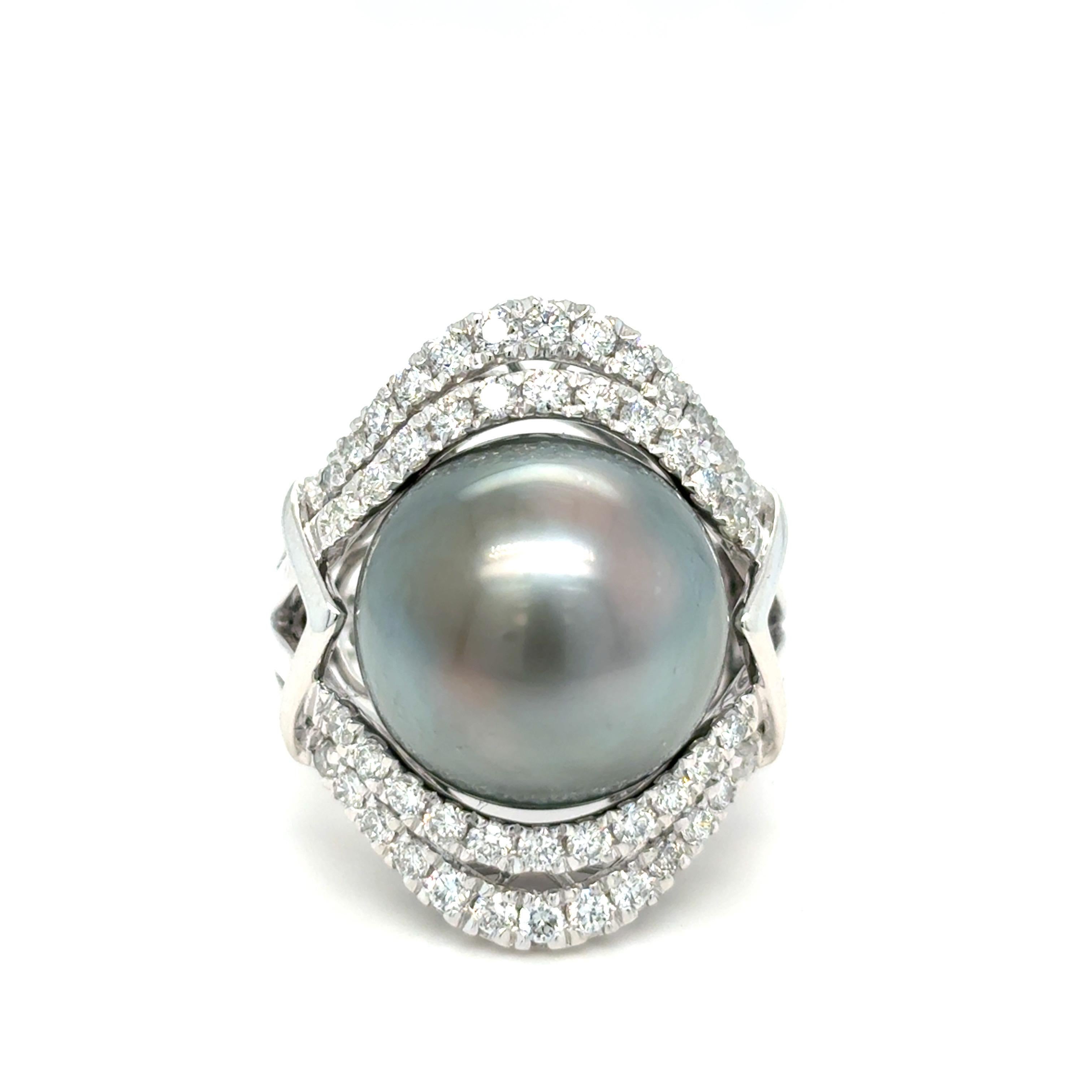 GIA Certified 15.45mm Tahitian Pearl Diamond Cocktail Ring For Sale 7