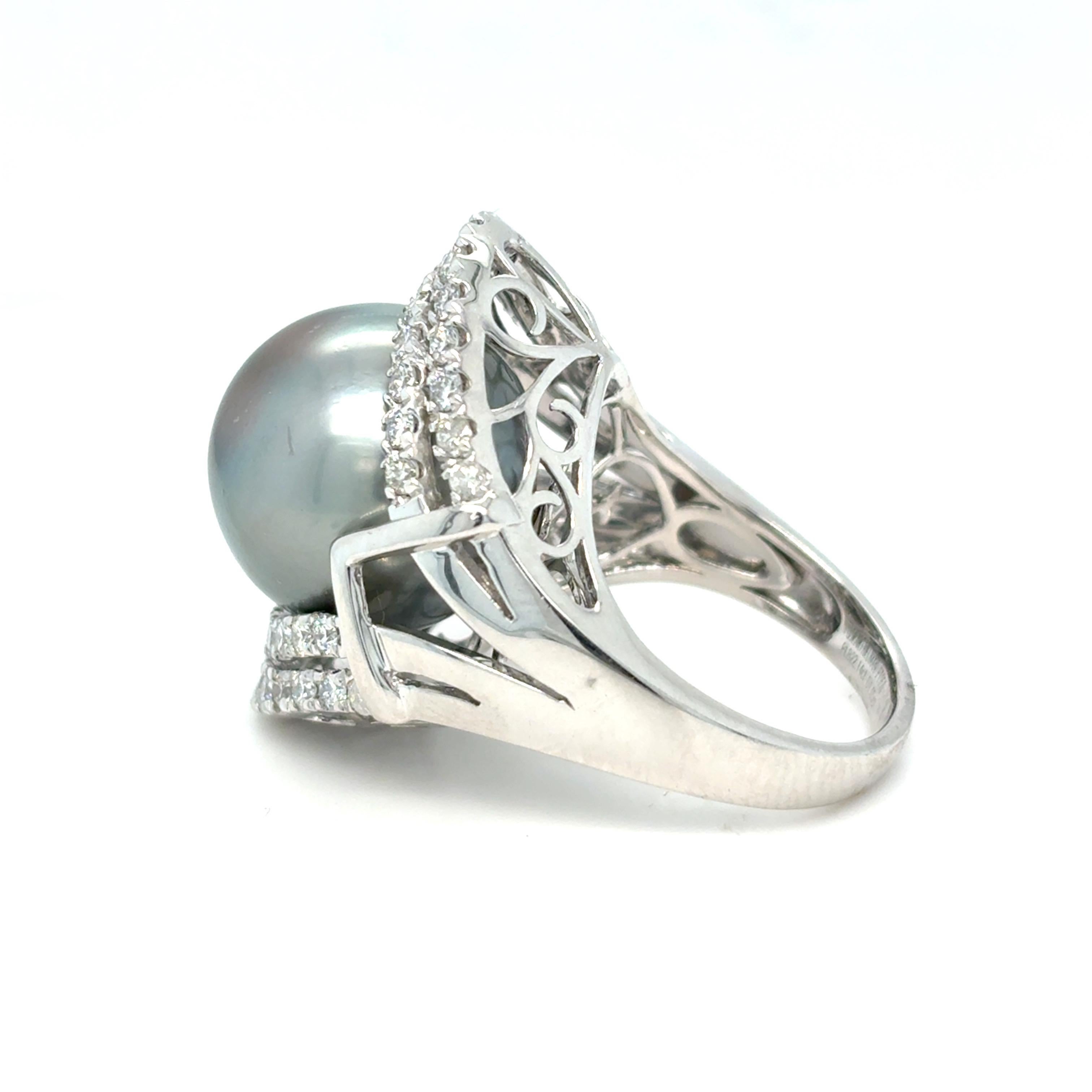 GIA Certified 15.45mm Tahitian Pearl Diamond Cocktail Ring For Sale 8