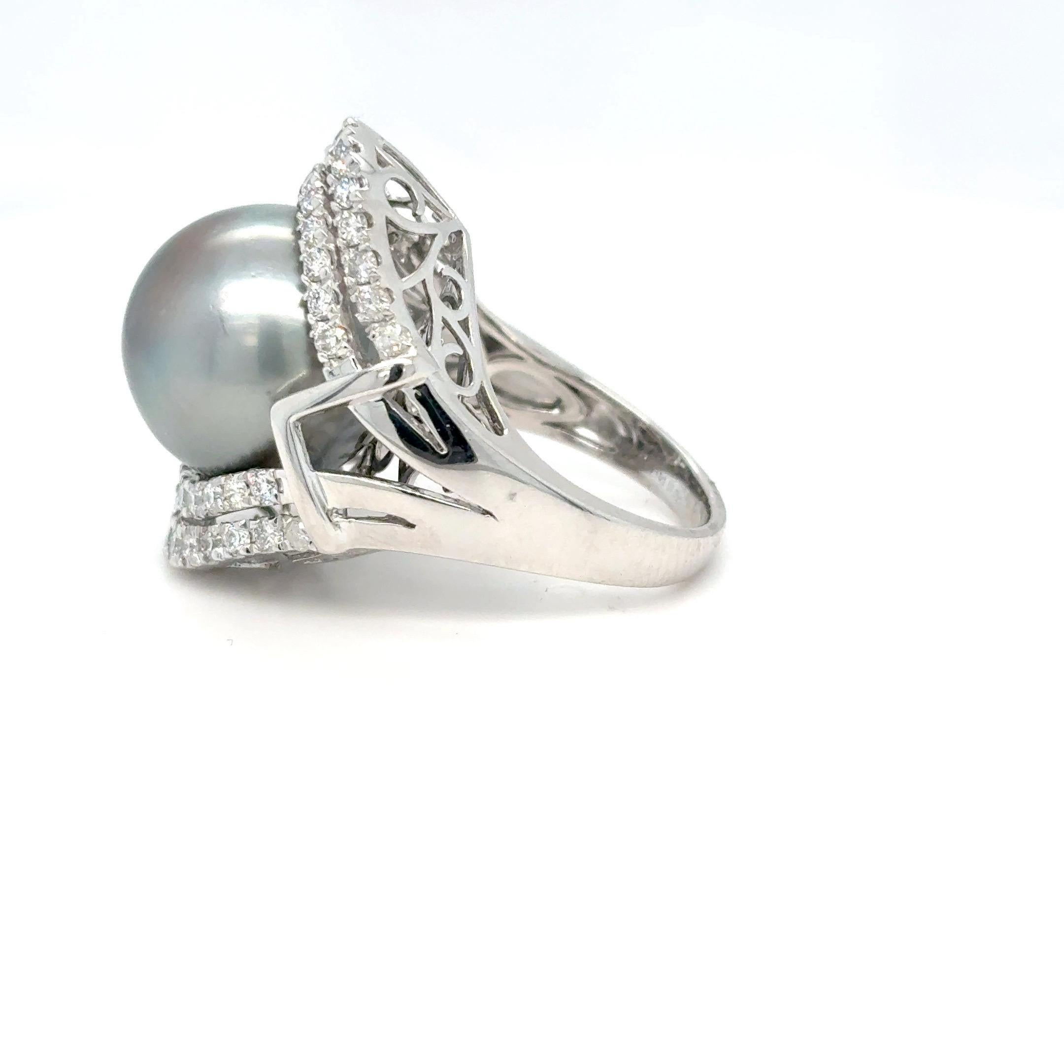 GIA Certified 15.45mm Tahitian Pearl Diamond Cocktail Ring For Sale 10