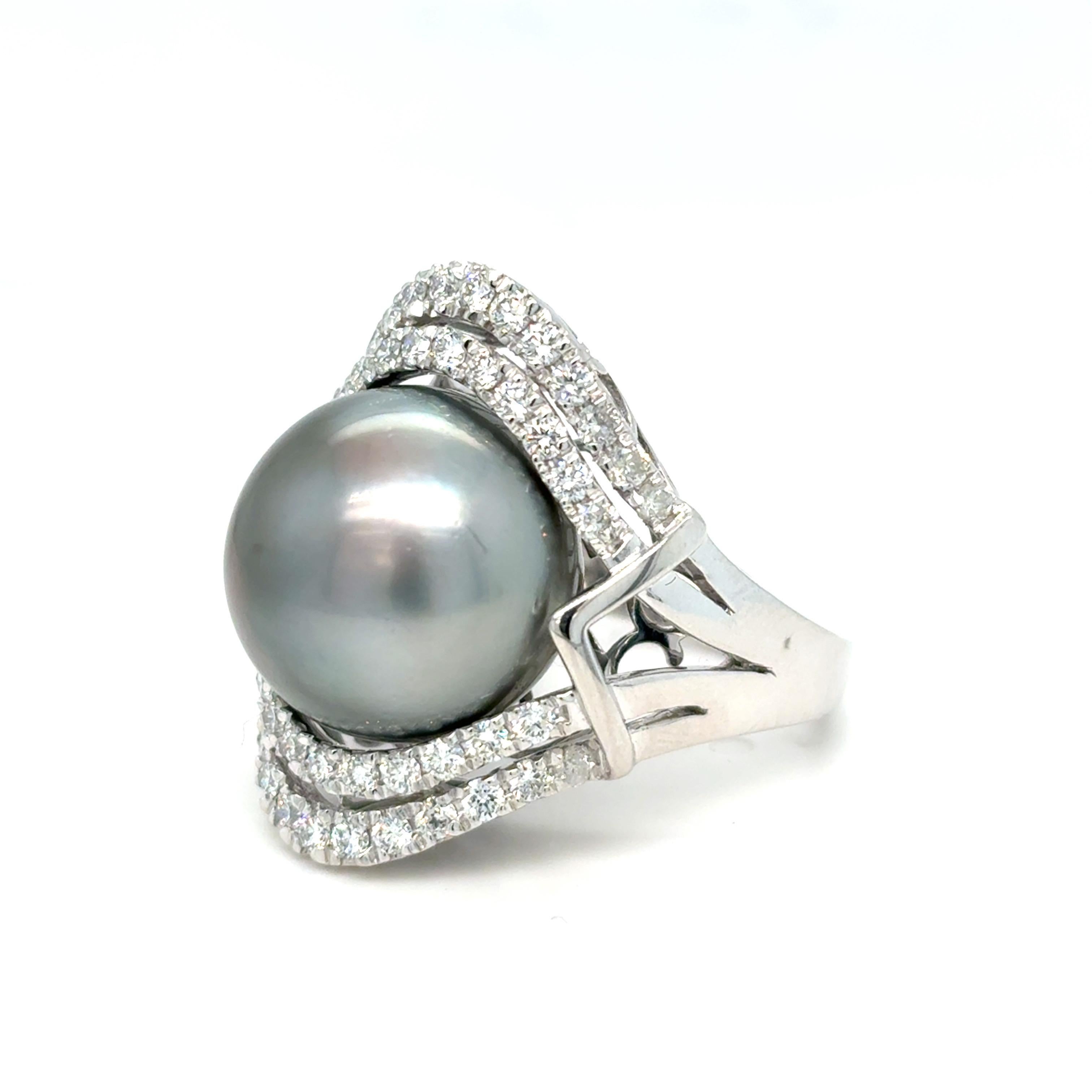 GIA Certified 15.45mm Tahitian Pearl Diamond Cocktail Ring For Sale 12