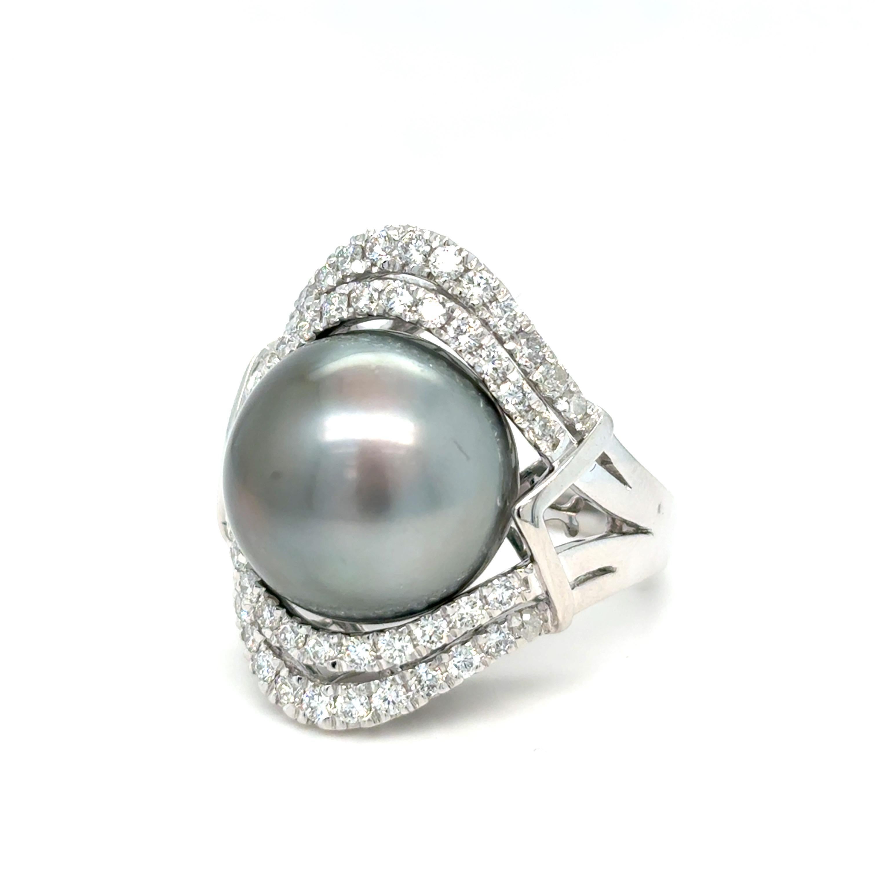 GIA Certified 15.45mm Tahitian Pearl Diamond Cocktail Ring For Sale 13