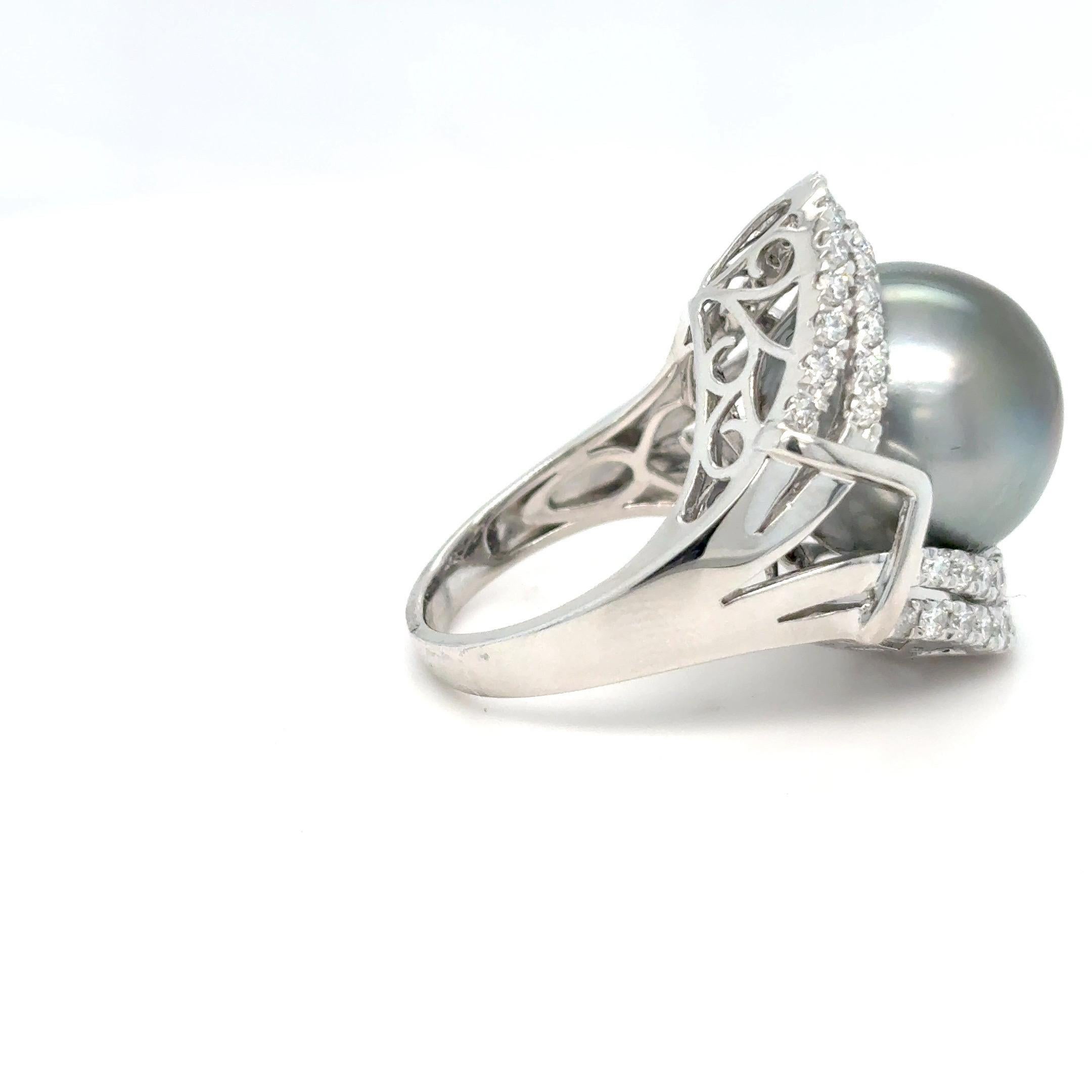 GIA Certified 15.45mm Tahitian Pearl Diamond Cocktail Ring For Sale 14