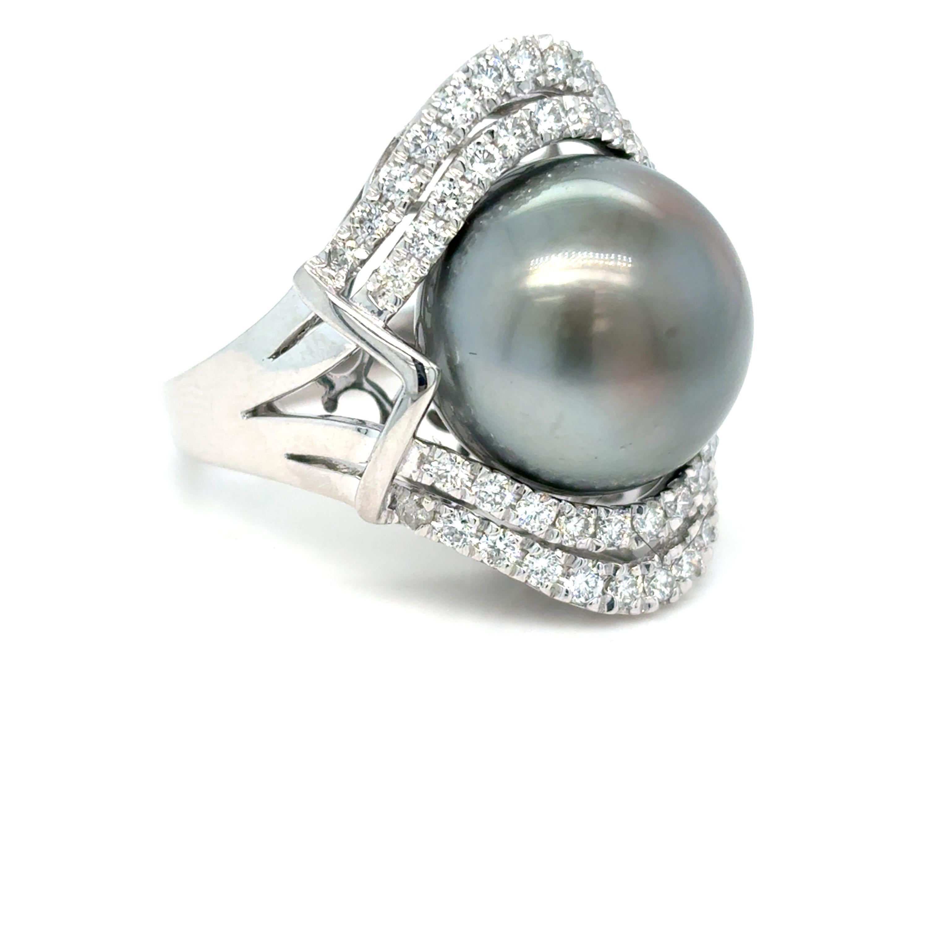 Artisan GIA Certified 15.45mm Tahitian Pearl Diamond Cocktail Ring For Sale