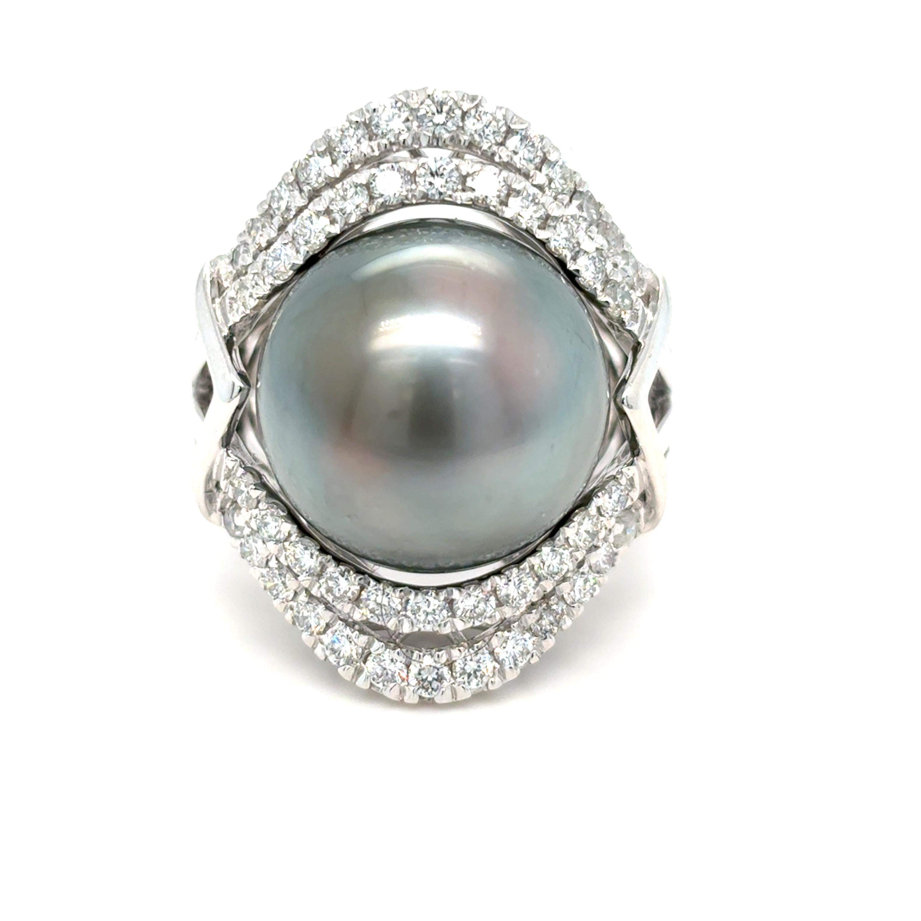 Cabochon GIA Certified 15.45mm Tahitian Pearl Diamond Cocktail Ring For Sale