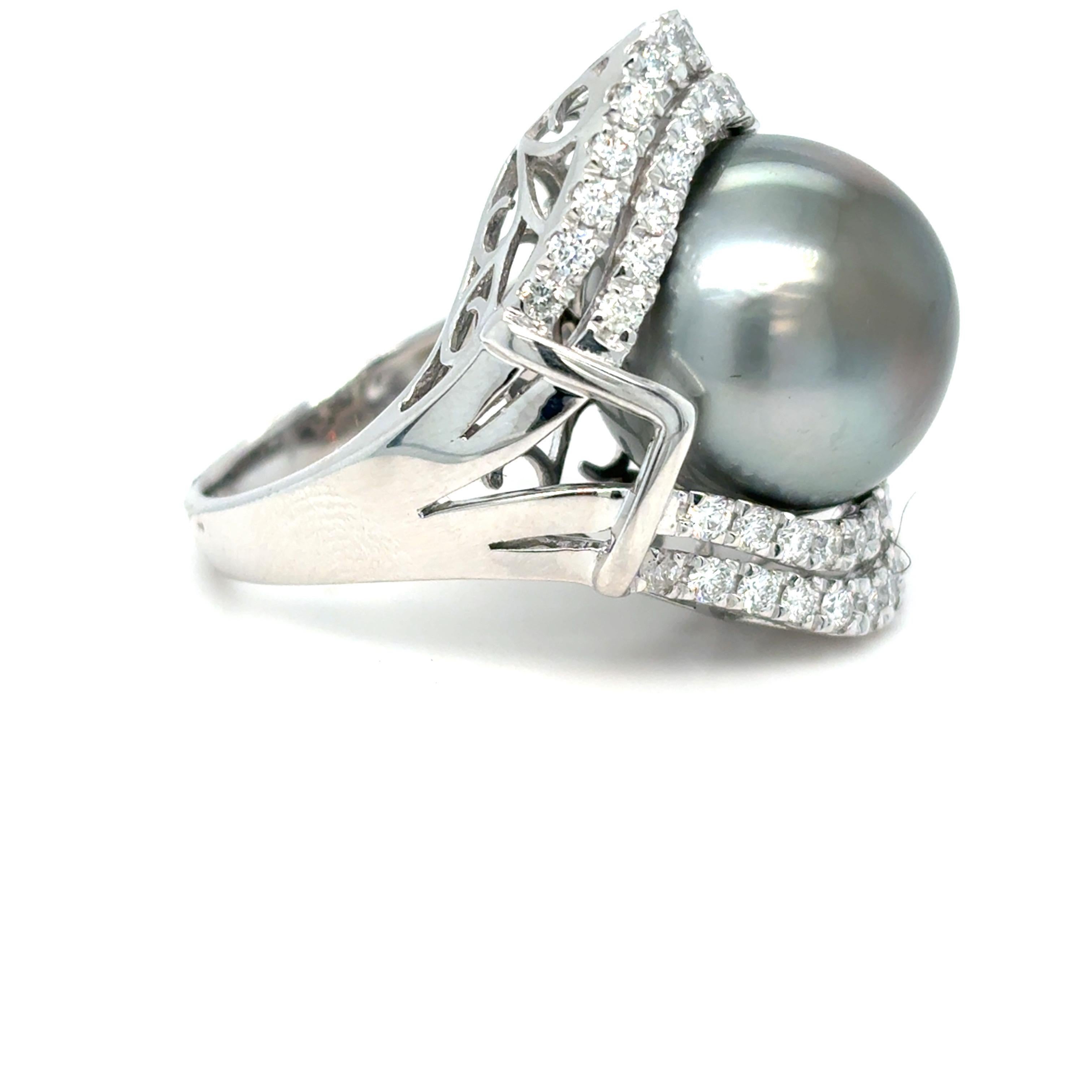 GIA Certified 15.45mm Tahitian Pearl Diamond Cocktail Ring In New Condition For Sale In Trumbull, CT