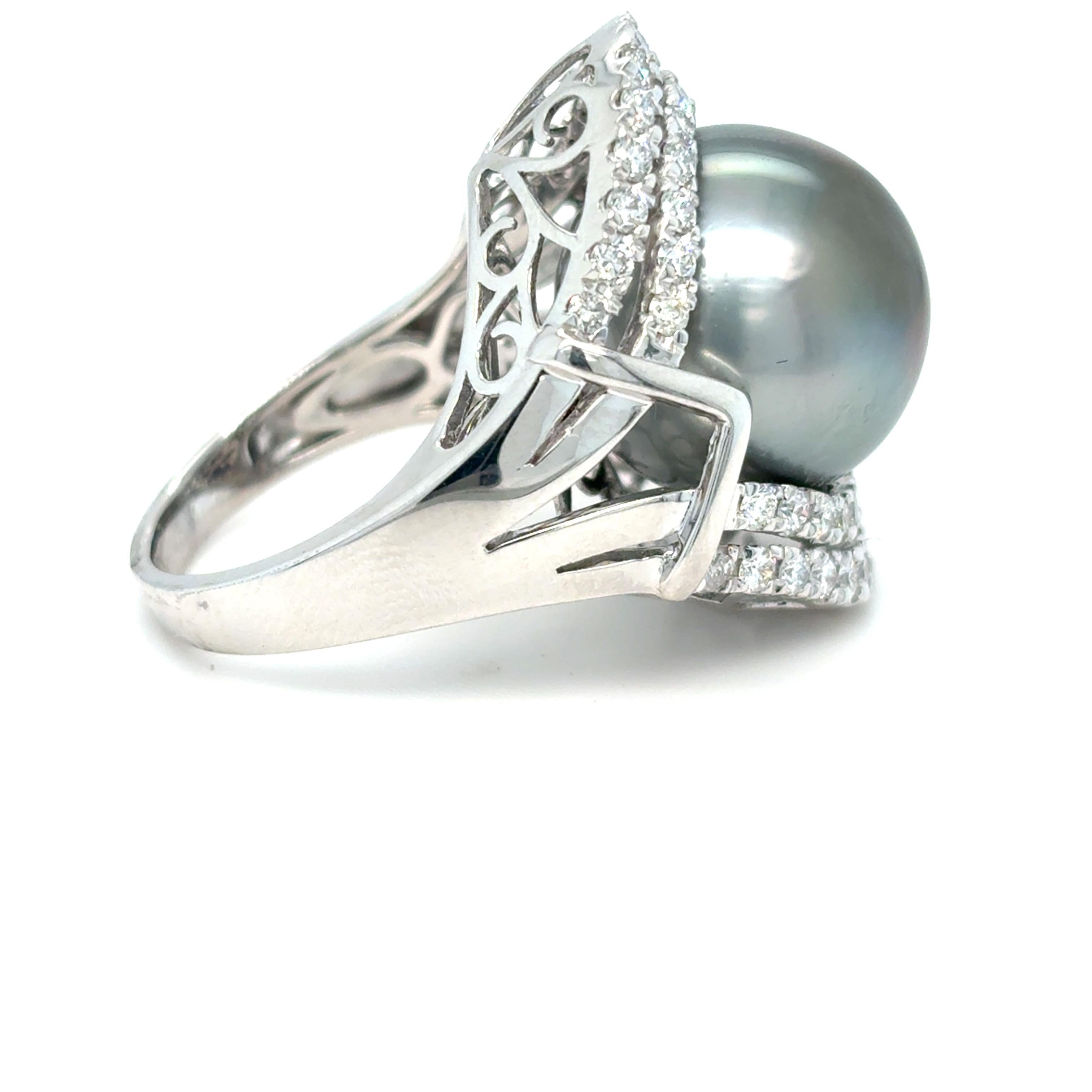 Women's GIA Certified 15.45mm Tahitian Pearl Diamond Cocktail Ring For Sale