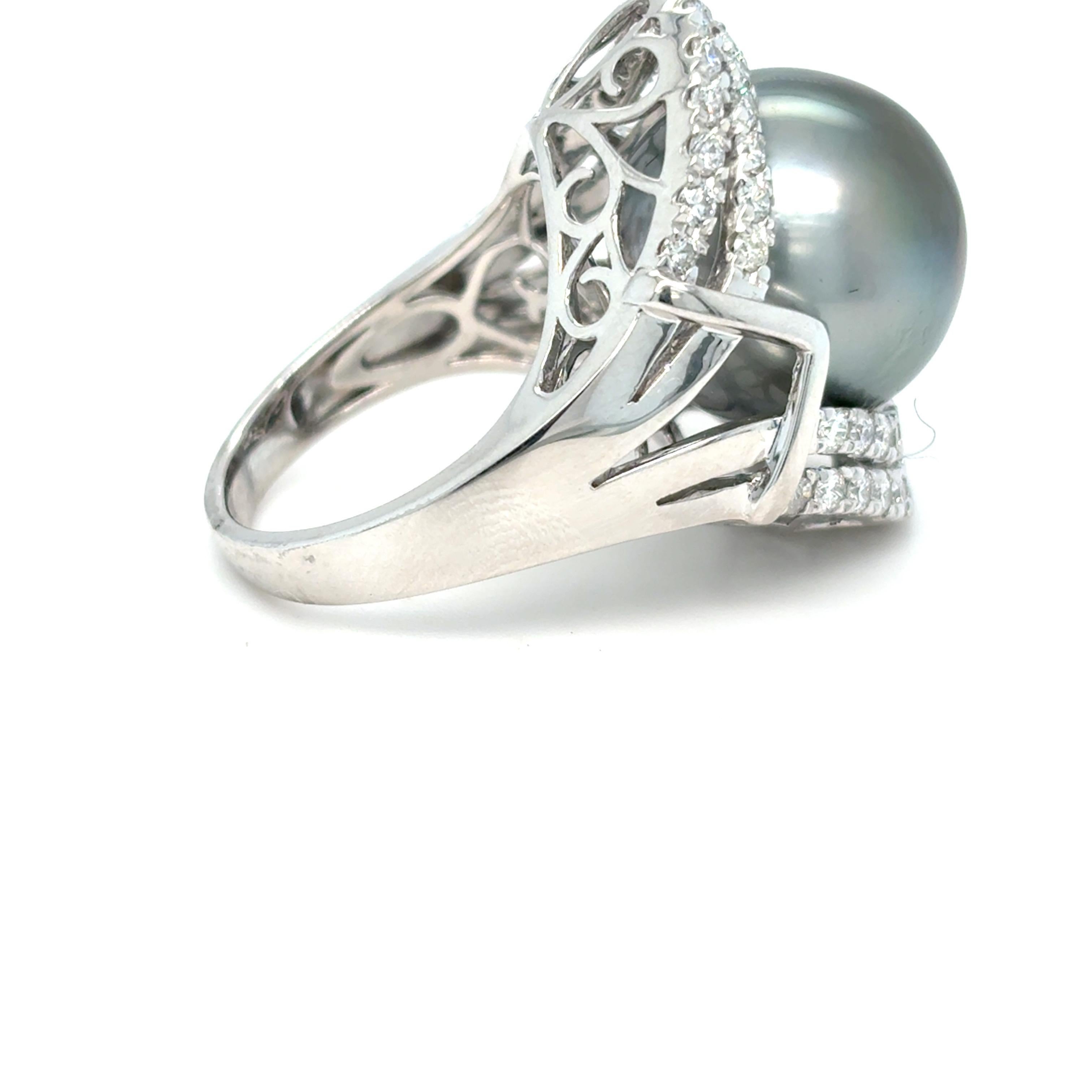 GIA Certified 15.45mm Tahitian Pearl Diamond Cocktail Ring For Sale 1