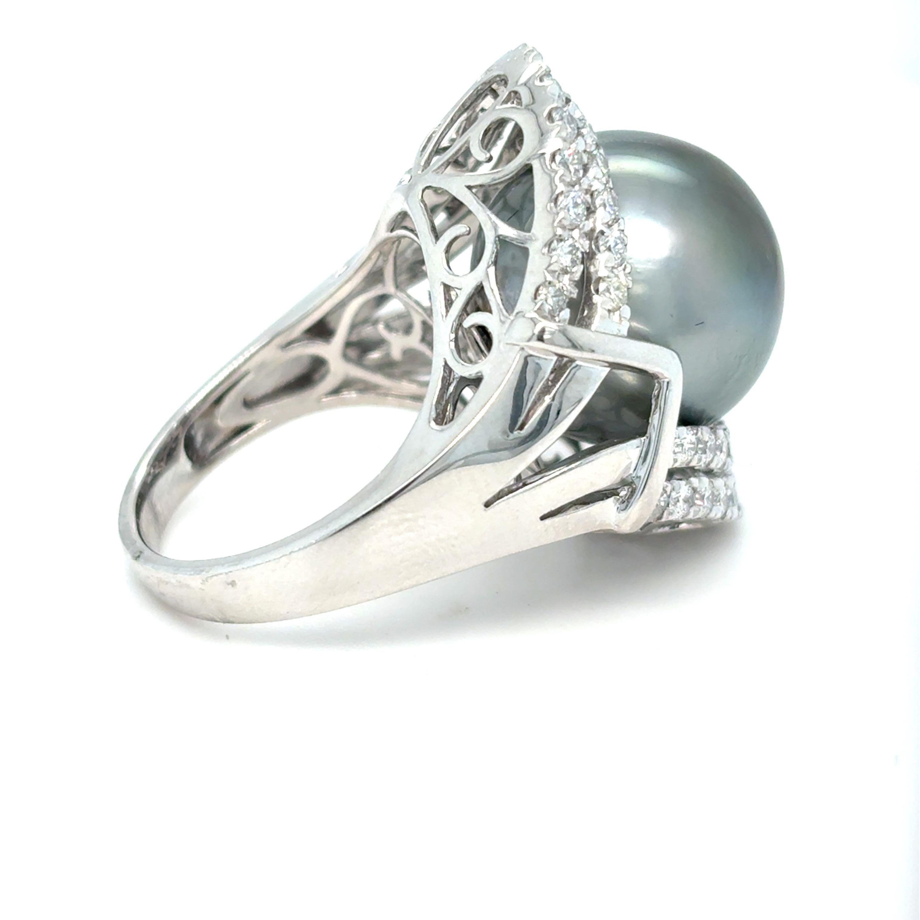 GIA Certified 15.45mm Tahitian Pearl Diamond Cocktail Ring For Sale 2