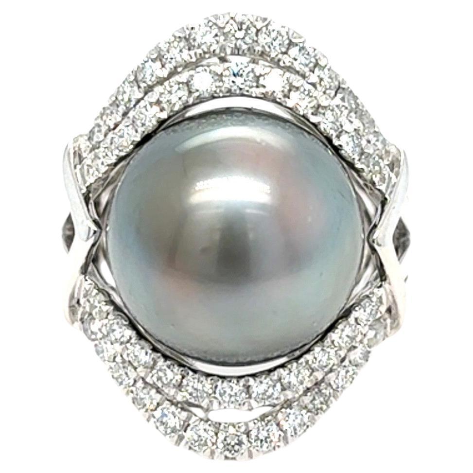 GIA Certified 15.45mm Tahitian Pearl Diamond Cocktail Ring For Sale