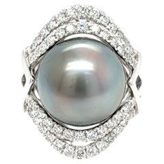 GIA Certified 15.45mm Tahitian Pearl Diamond Cocktail Ring