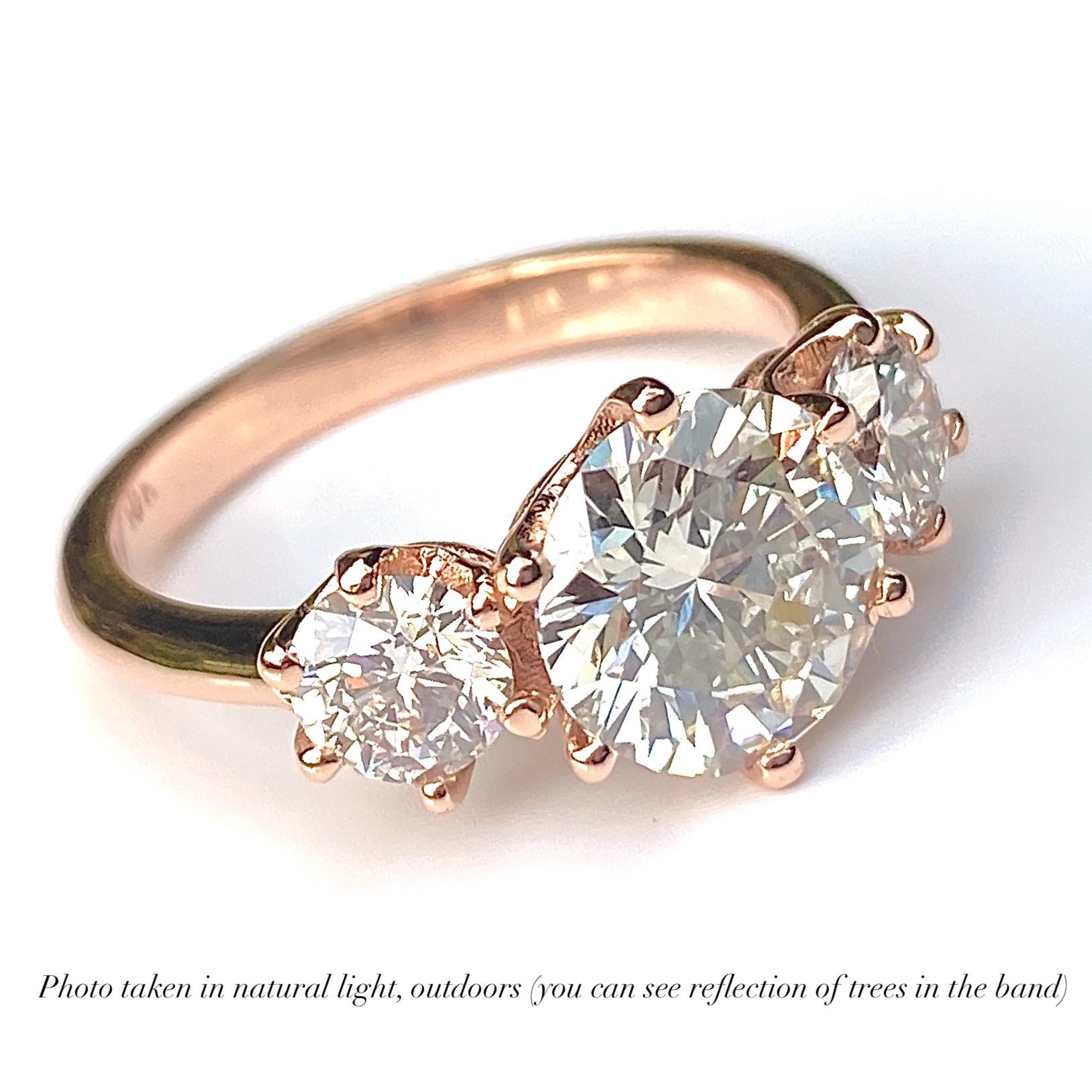GIA Certified 1.55 Carat Diamond in Rose Gold Three-Stone Engagement Ring In New Condition For Sale In Sherman Oaks, CA