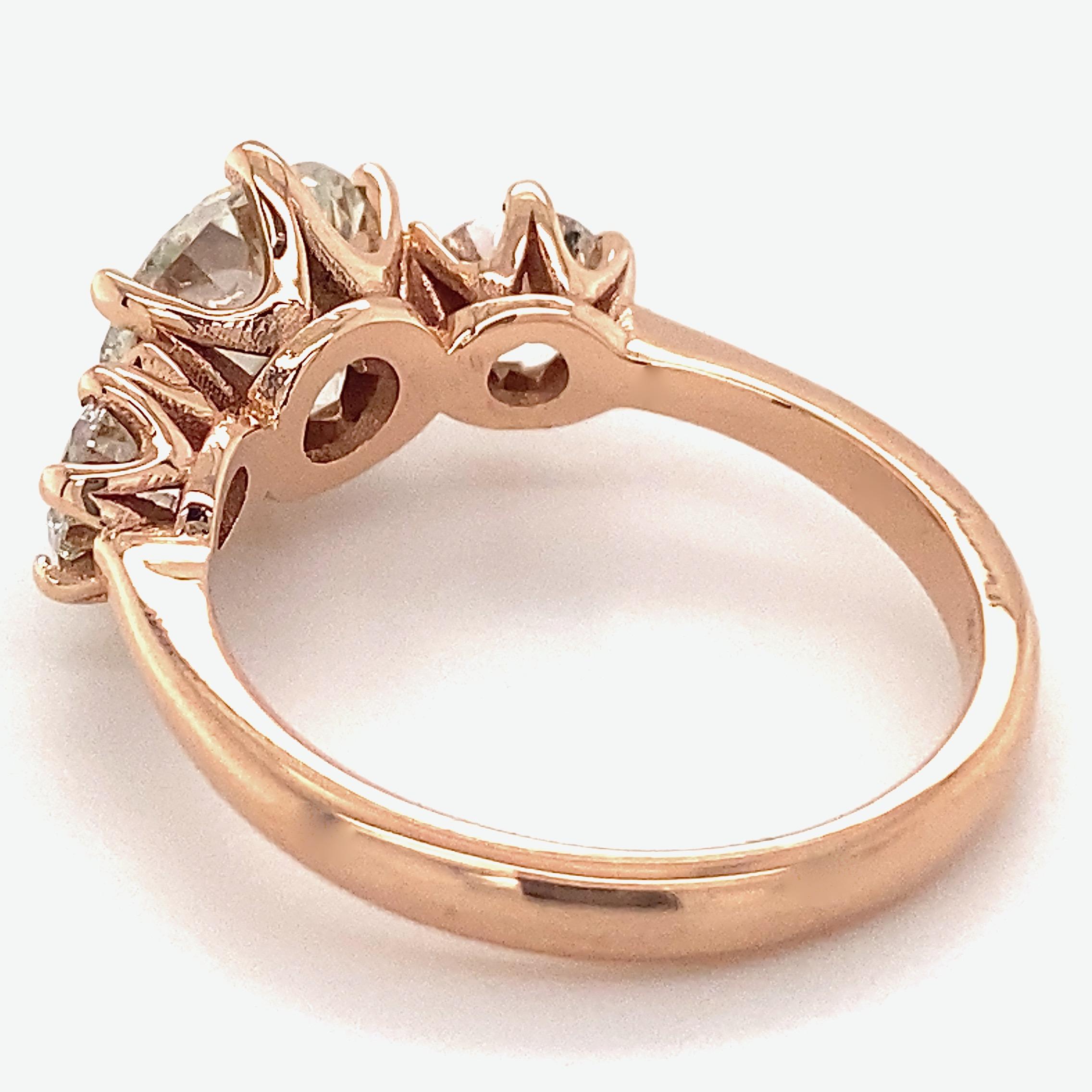 Contemporary GIA Certified 1.55 Carat Diamond in Rose Gold Three-Stone Engagement Ring For Sale