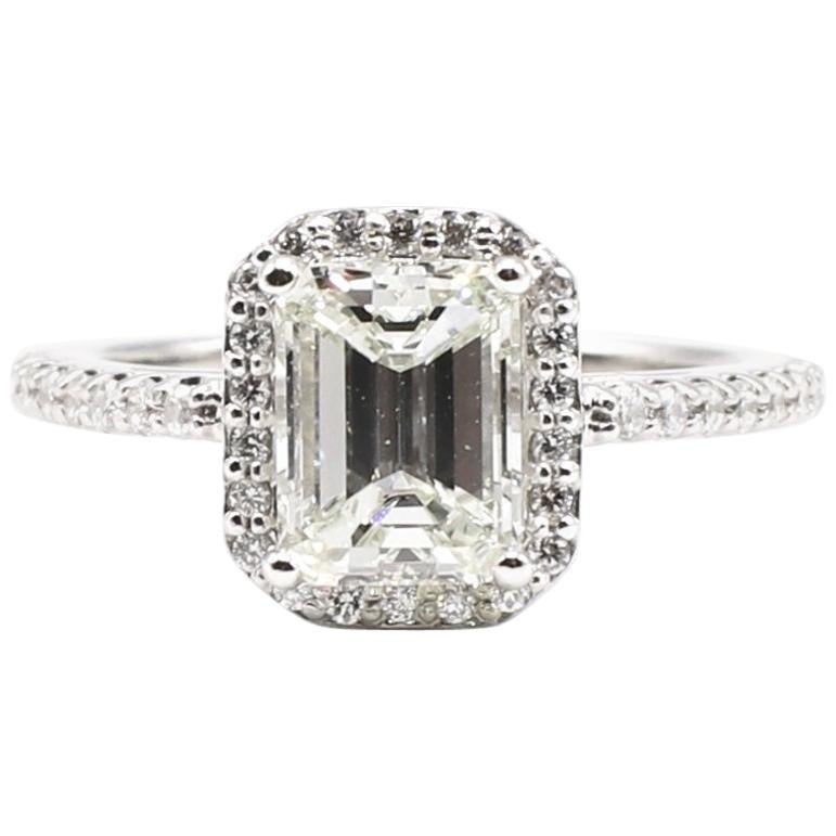 GIA Certified 1.55 Carat Emerald Cut J VS2 Diamond Halo Engagement Ring