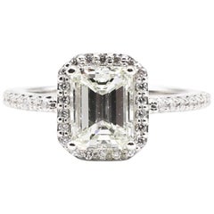 GIA Certified 1.55 Carat Emerald Cut J VS2 Diamond Halo Engagement Ring
