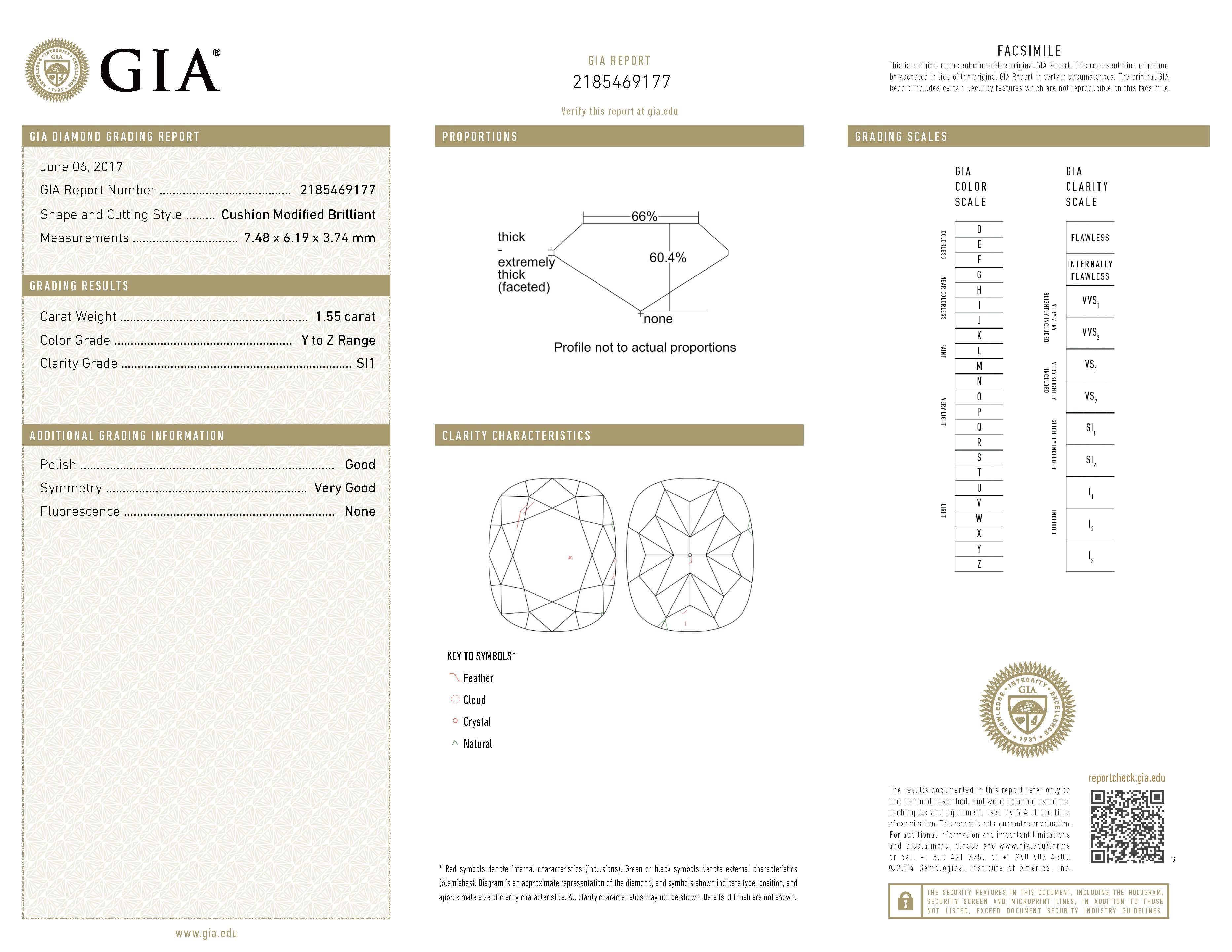 GIA Certified 1.55 Carats Total Cushion Cut Fancy Color Diamond Pendant Necklace For Sale 1