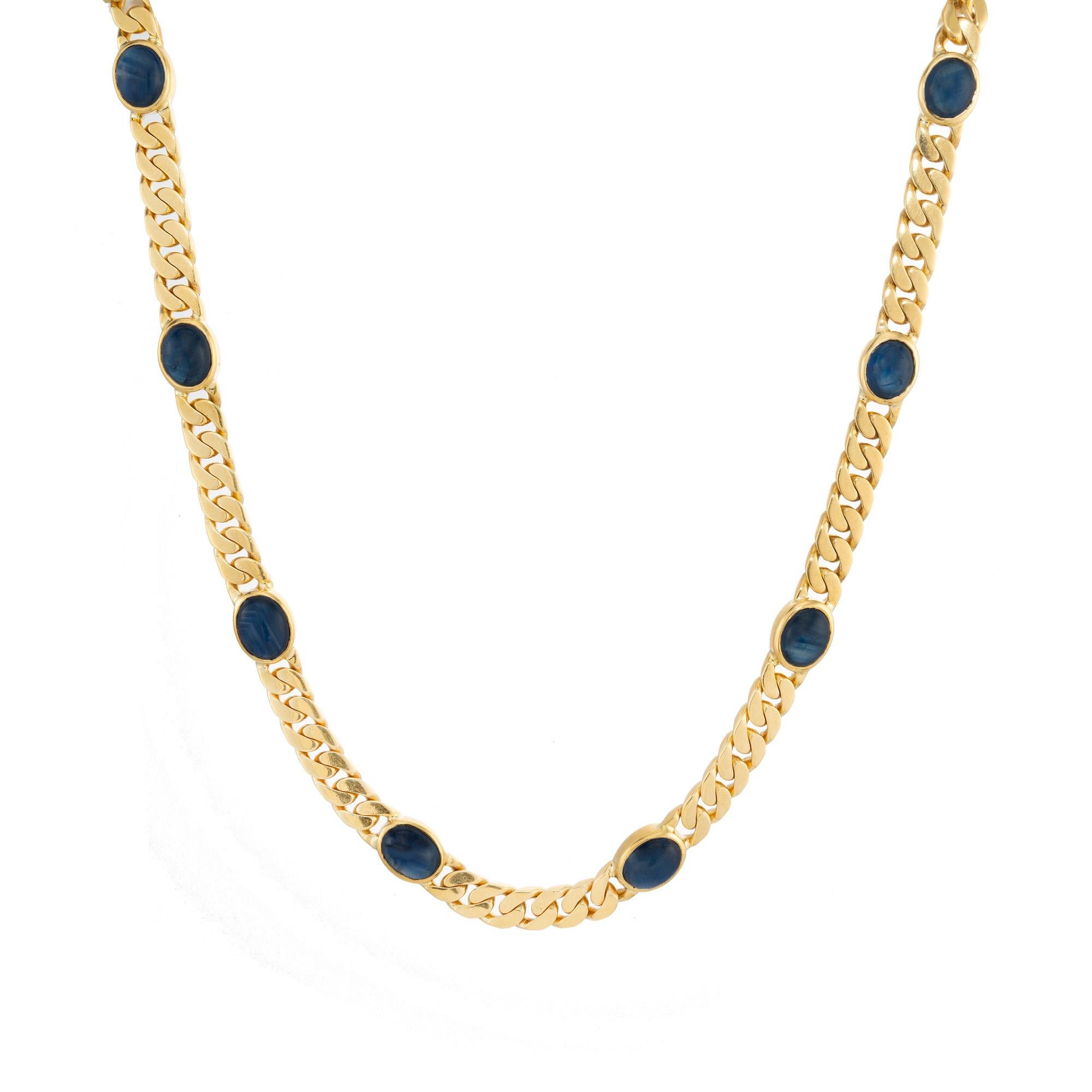 Vintage 1960’s sapphire link solid 18k yellow necklace. Set with 10 oval cabochon bezel set sapphires. The necklace is constructed of solid gold link sections that separate the sapphires and measures 17 inches in length. GIA has certified the