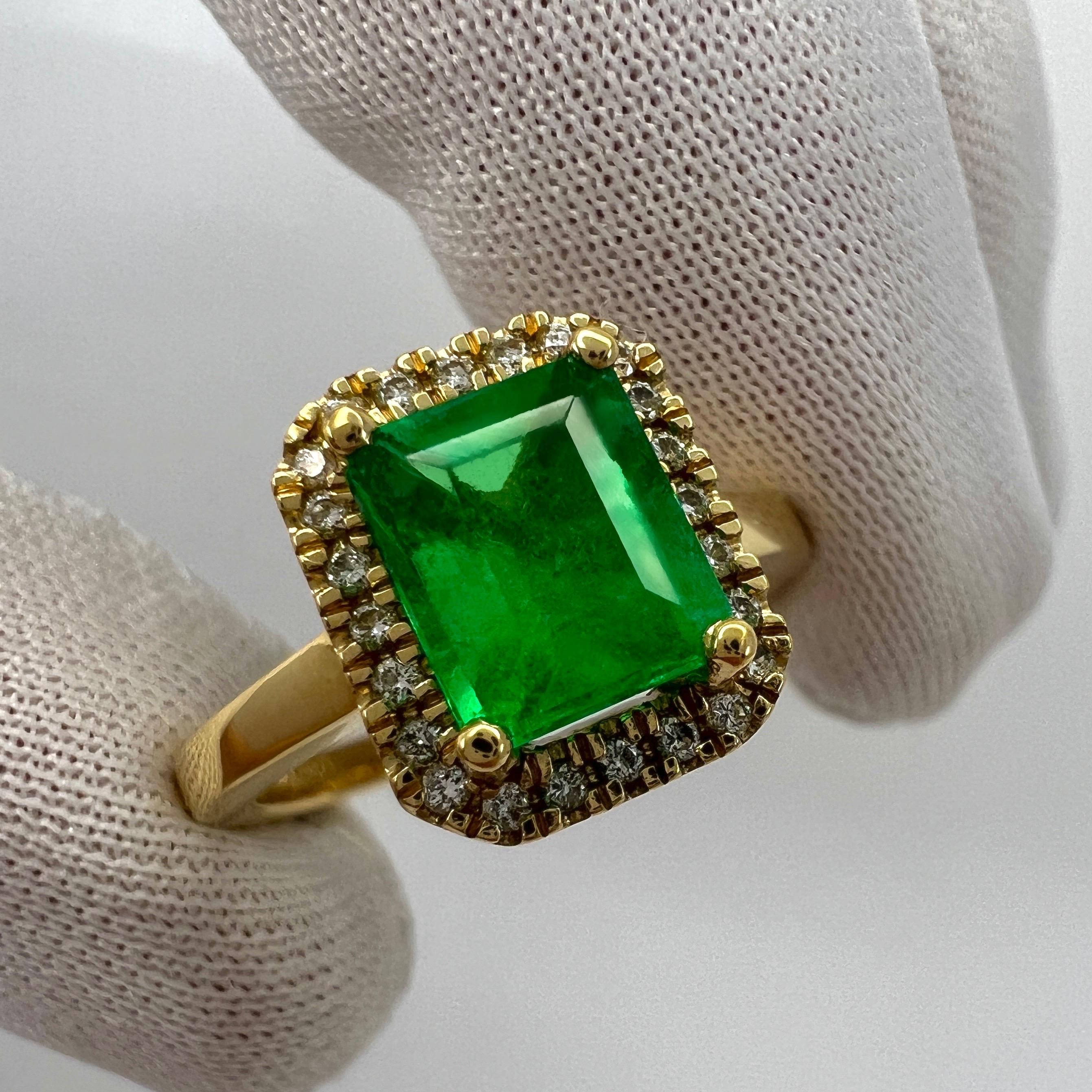 Emerald Cut GIA Certified 1.55ct Colombian Emerald Diamond 18k Yellow Gold Cluster Halo Ring For Sale
