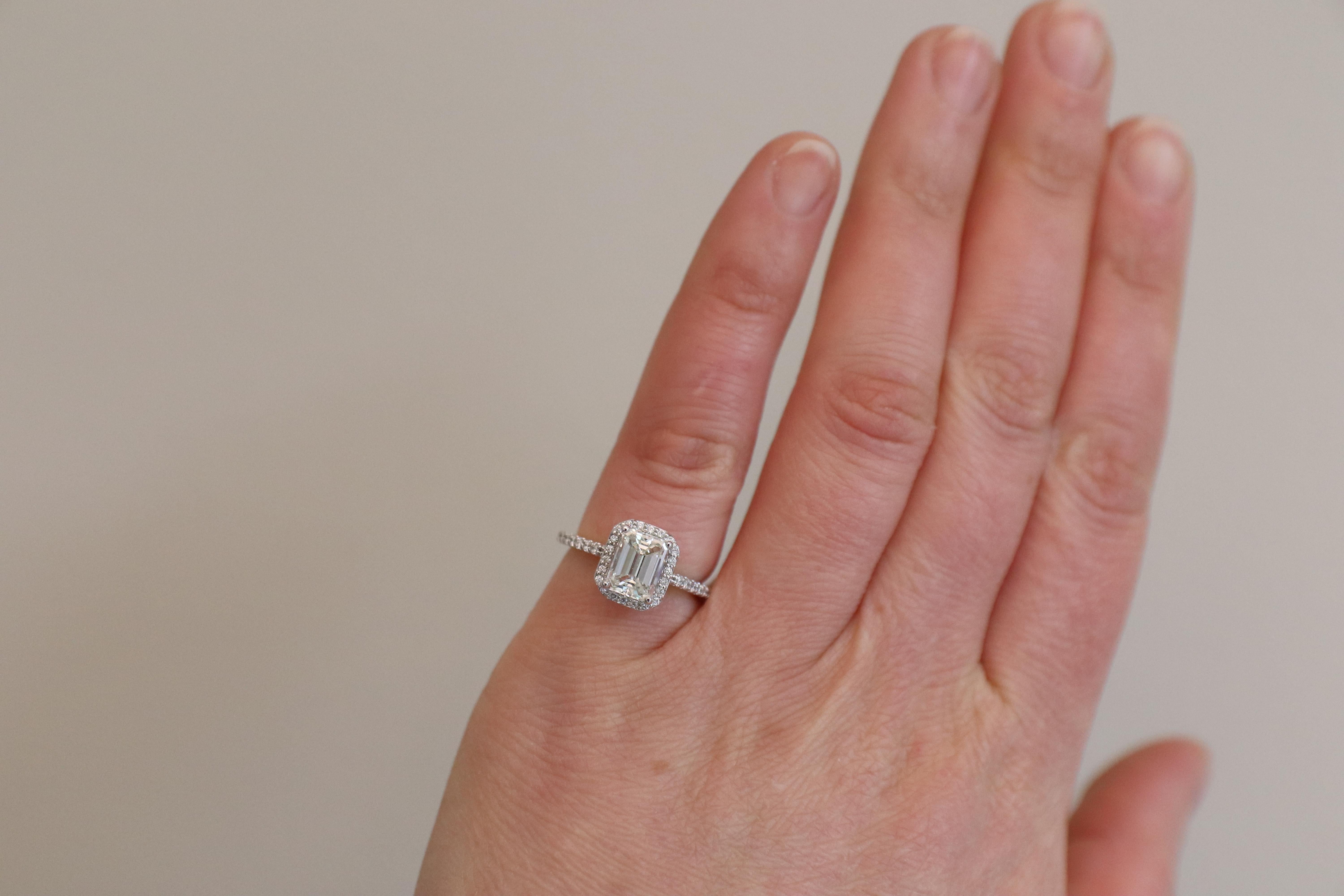 GIA Certified 1.55 Carat Emerald Cut J VS2 Diamond Halo Engagement Ring In Excellent Condition In  Baltimore, MD