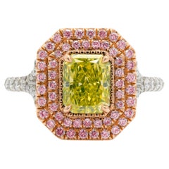 Anello da cocktail con diamante giallo verdastro intenso di 1,56 carati certificato GIA