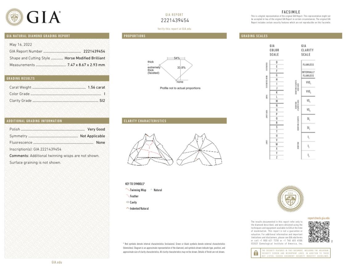 Brilliant Cut GIA Certified 1.56 Carat Horse Brilliant I Color SI2 Clarity Natural Diamond For Sale