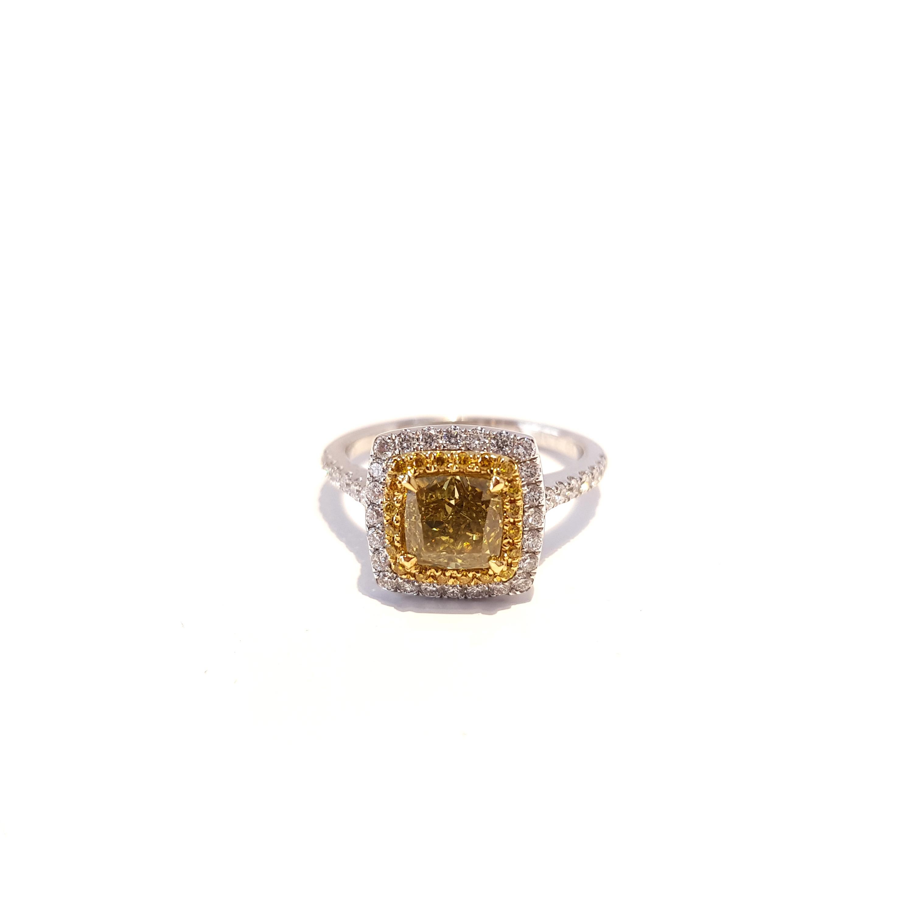 GIA Certified 1.56 Carat Yellow Diamond 18 Karat White Gold Ring For Sale 1