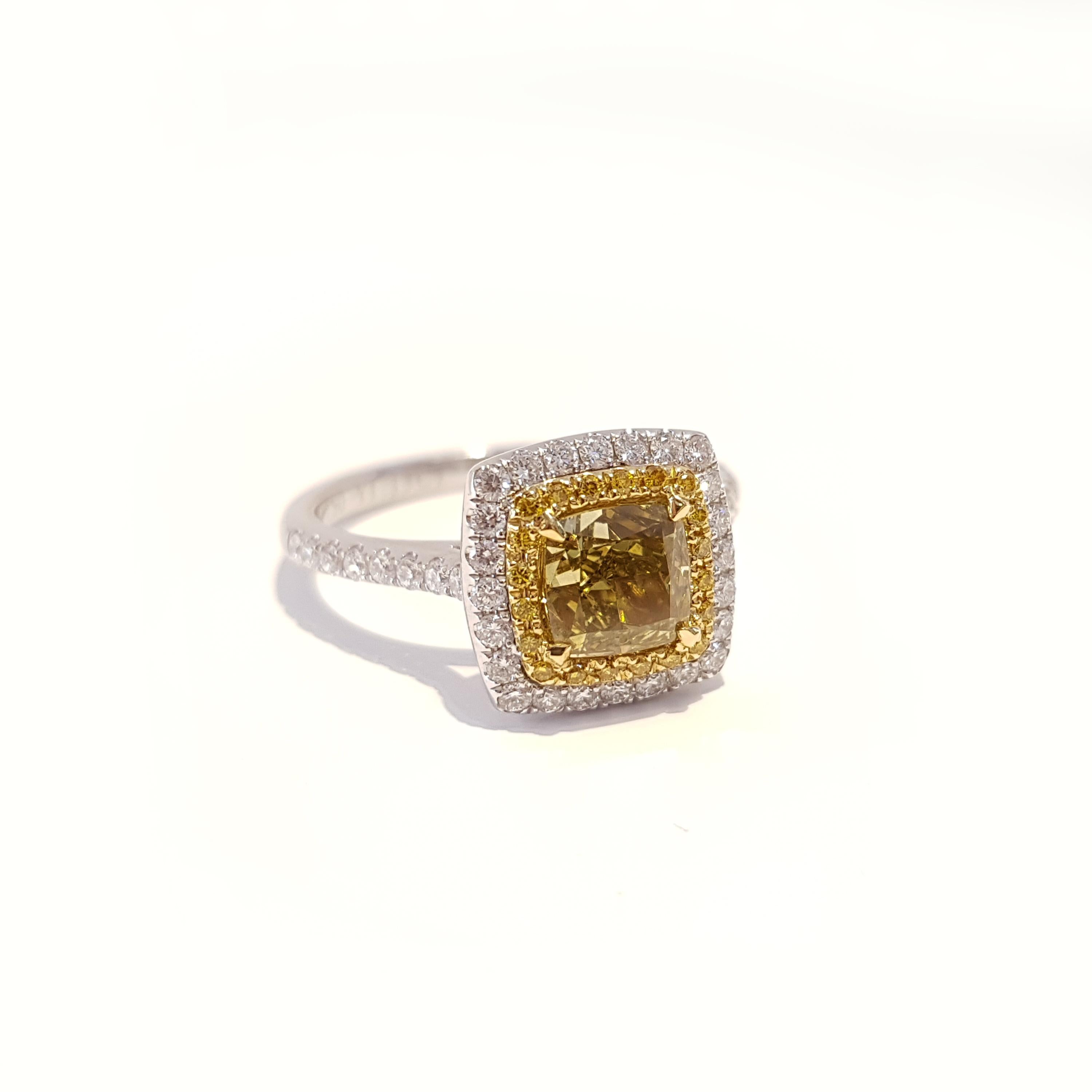 GIA Certified 1.56 Carat Yellow Diamond 18 Karat White Gold Ring For Sale 2