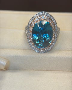 GIA Certified 15.60ct Cambodian Blue Zircon White Pink Diamond Halo Ring in Gold