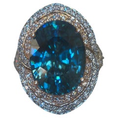GIA Certified 15.60ct Cambodian Blue Zircon White Pink Diamond Halo Ring in Gold