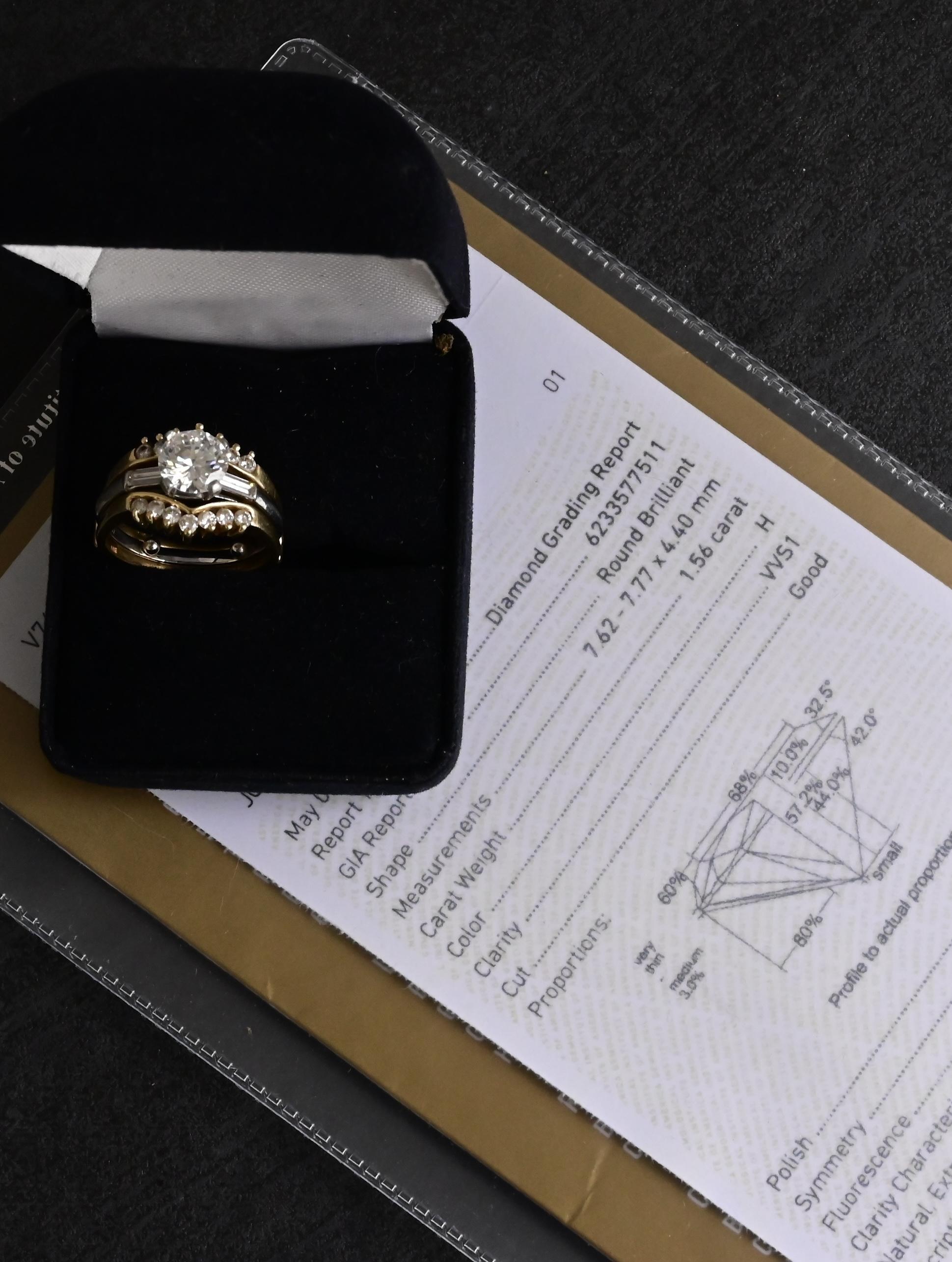 eBay Title: GIA Certified 1.56ct VVS1 H Diamond Platinum Ring w/ 14K Gold Enhancer 8.83g Size 5.5

eBay Description:
Presenting a spectacular GIA-certified diamond engagement ring set, featuring a stunning 1.56 carat round brilliant diamond mounted