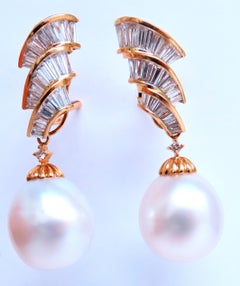 GIA Certified 15.6mm Natural Saltwater Pearl Diamond Dangle Earrings 18kt 12413*