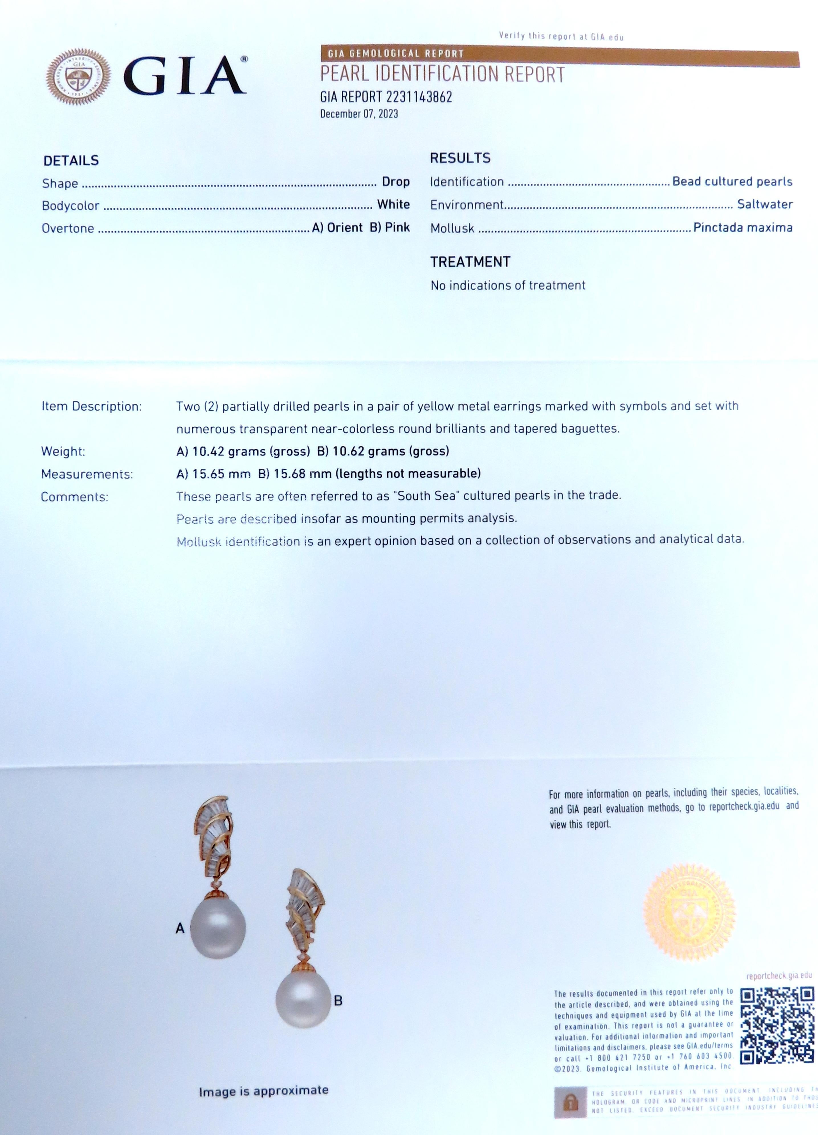 GIA Certified 15.6mm Natural Saltwater Pearl Diamond Dangle Earrings 18kt 12413 en vente 2