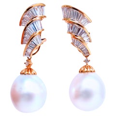GIA Certified 15.6mm Natural Saltwater Pearl Diamond Dangle Earrings 18kt 12413*