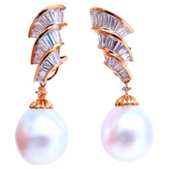 GIA Certified 15.6mm Natural Saltwater Pearl Diamond Dangle Earrings 18kt 12413